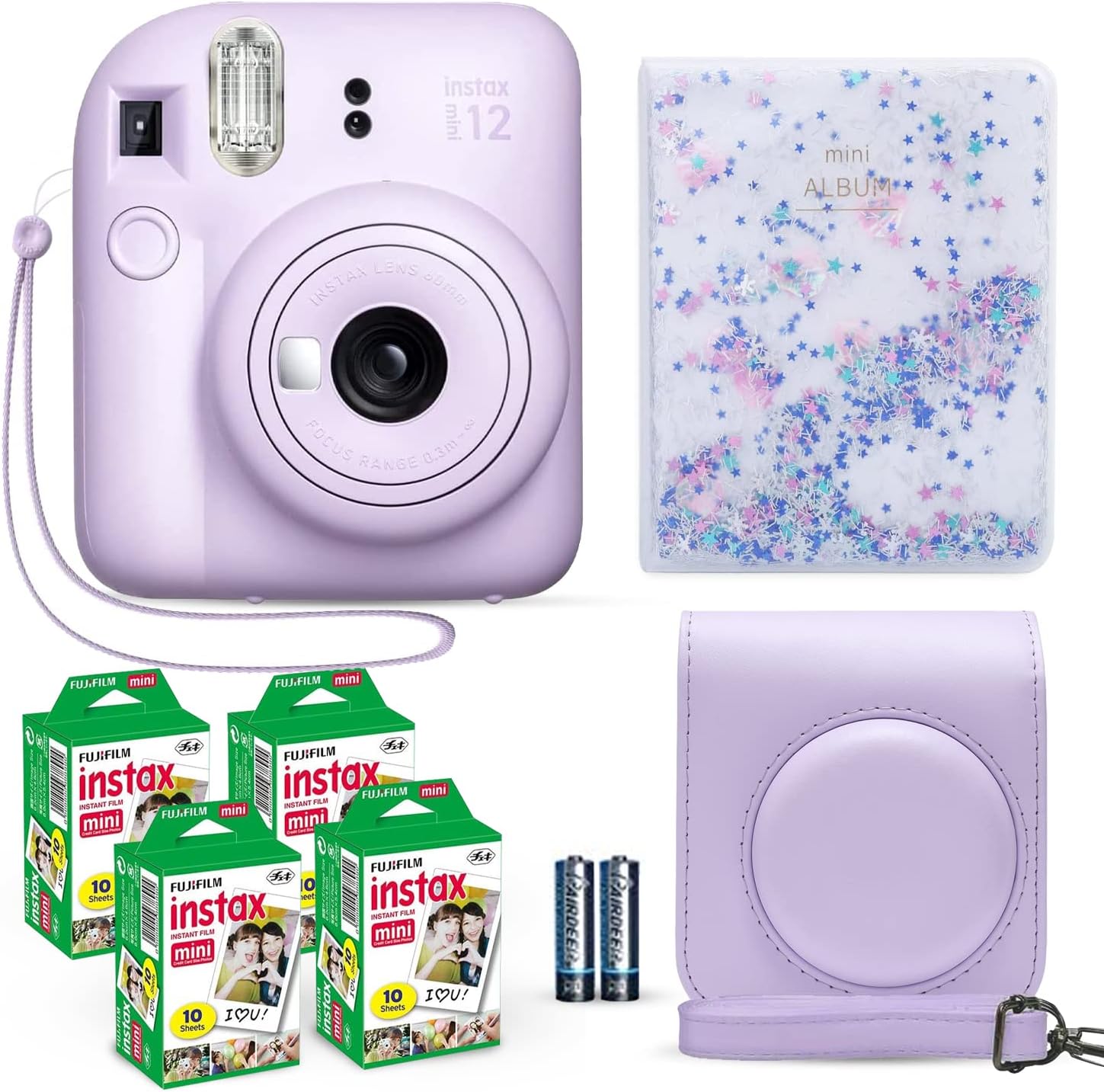 Fujifilm Instax Mini 12 Instant Camera Lilac Purple + Fuji Film Value Pack (40 Sheets) + Shutter Accessories Bundle, Incl. Compatible Carrying Case, Quicksand Beads Photo Album 64 Pockets