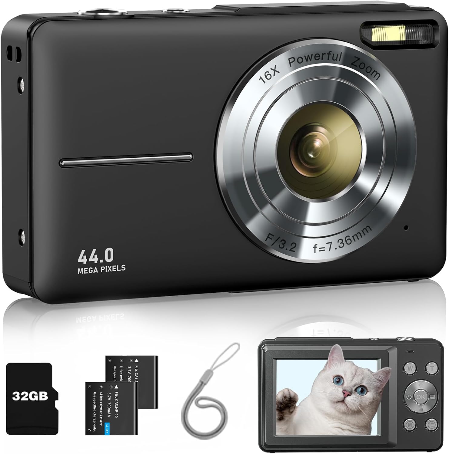 Lecran Digital Camera, FHD 1080P Kids Camera with 32GB Card, 2 Batteries, Lanyard, 16X Zoom Anti Shake, 44MP Compact Portable Small Point Shoot Camera for Kids Student Children Teens Girl Boy(Black)