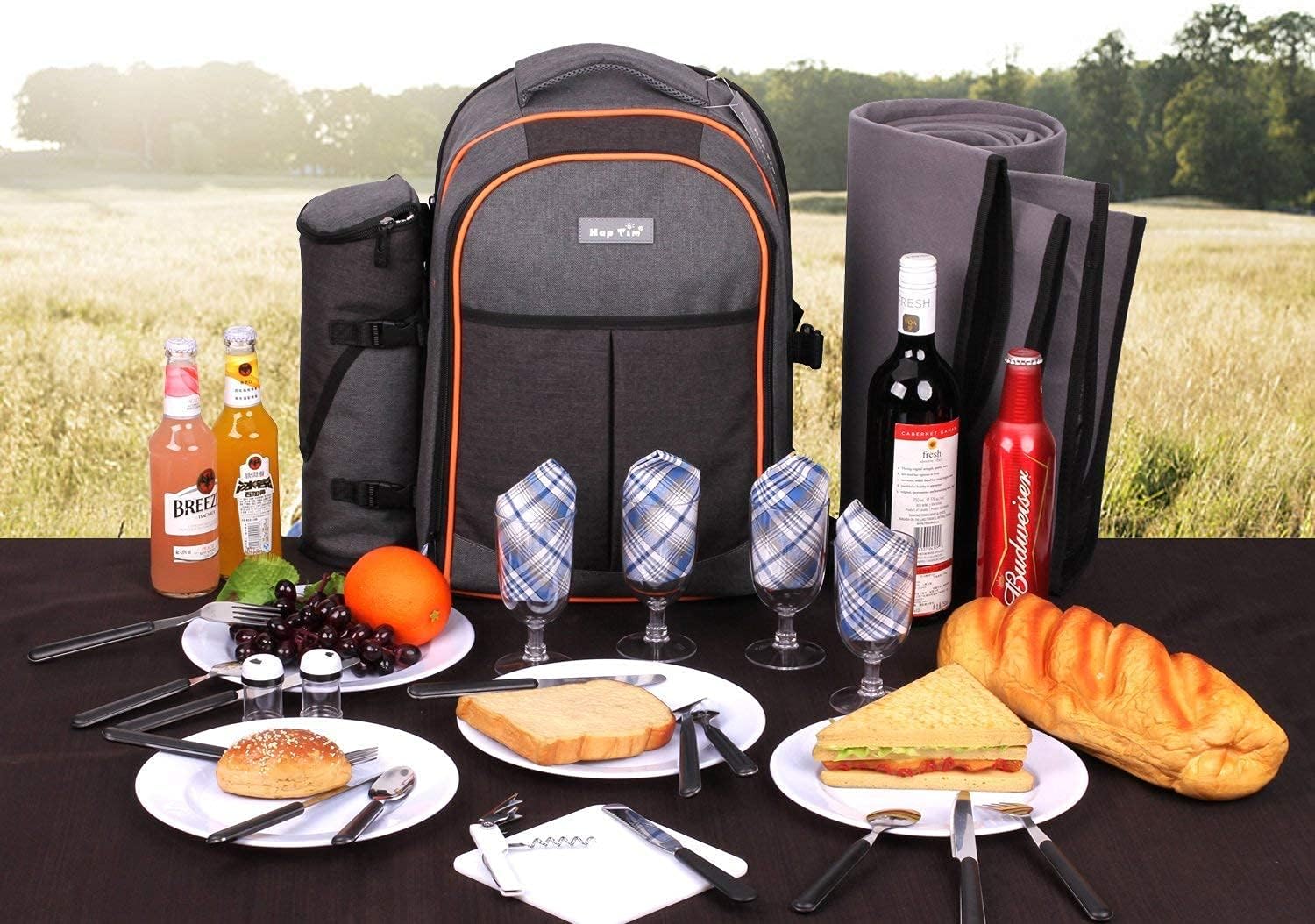 Hap Tim Picnic Basket Backpack for 4 Person with Insulated Cooler Compartment, Wine Holder, Fleece Blanket, Cutlery Set, Engagement Gifts for Couples, Bridal Shower Gift, Wedding Gifts(36021)