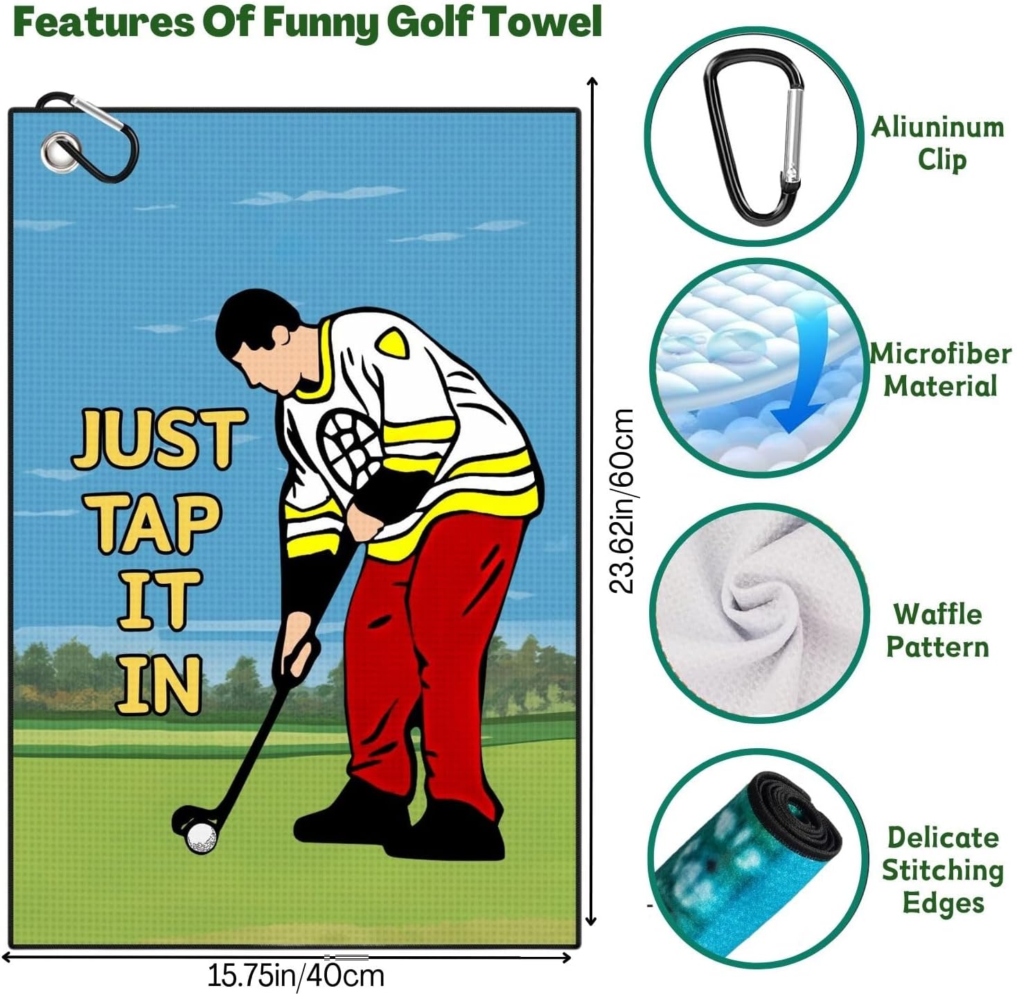 Funny Printed Golf Towel, Funny Golf Towel for Golf Bags with Clip, Golf Gift for Men Husband Boyfriend Dad, Birthday, Cristmas Gifts for Golf Fan - Just Tap It in