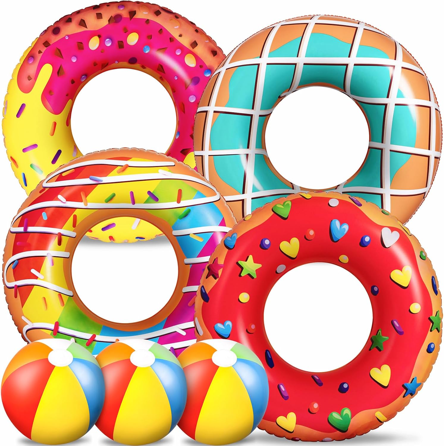 90shine 7PCS Donut Pool Floats: Doughnut Swimming Rings with 13.5" Beach Balls - Inflatable Tubes Floaties Toys for Kids Adults