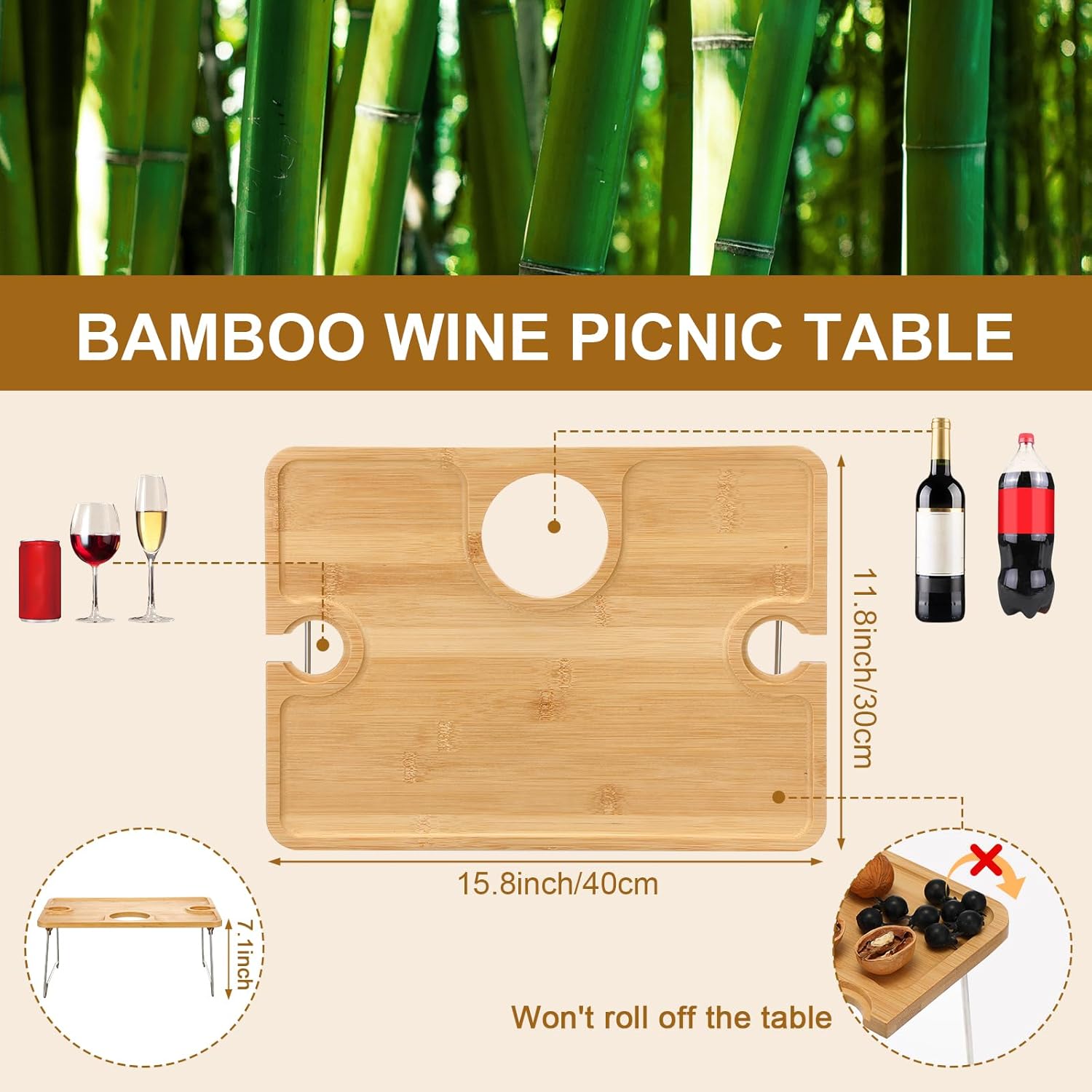 Picnic Basket with Foldable Wine Table Kit, Handmade Wicker Basket with Lid Handle Portable Bamboo Tray Table for 2 Outdoor Camping Picnic Wine Set Gift for Couples