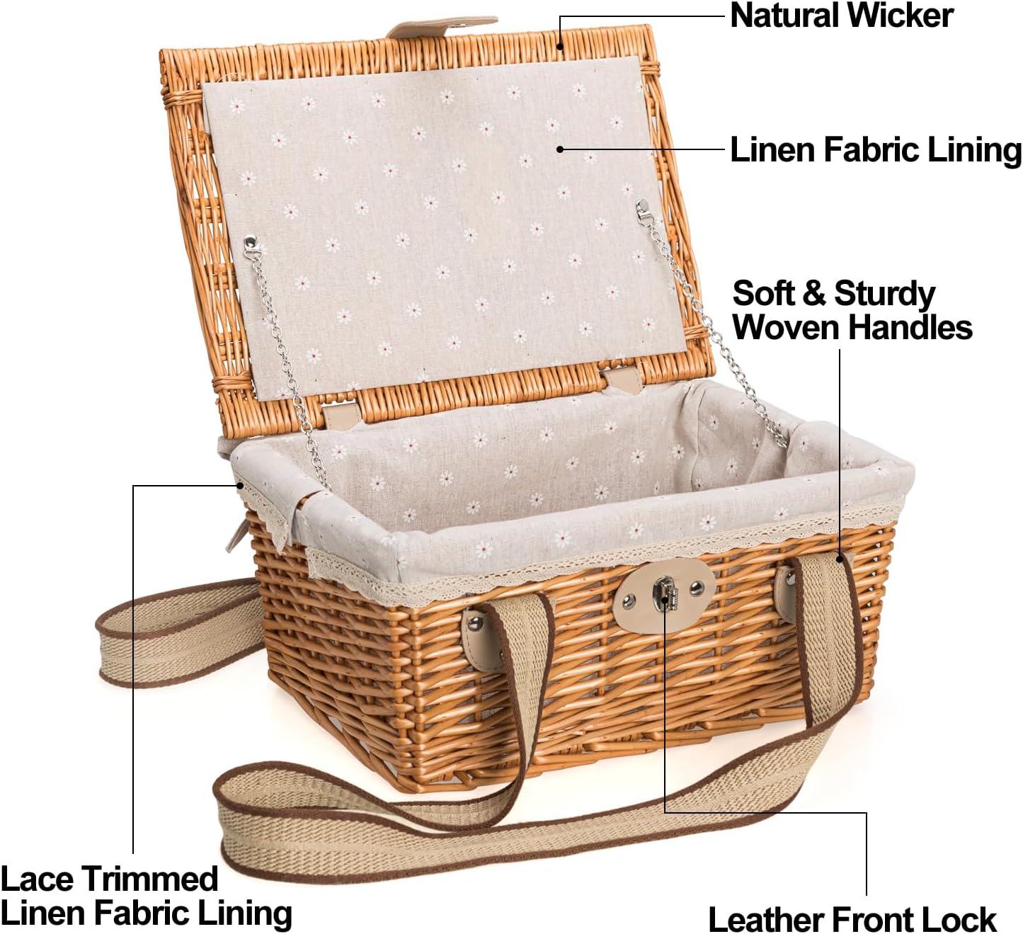 Picnic Basket for 2 Persons, Handmade Wicker Picnic Basket with Two Woven Canvas Handles & Washable Linen Lining, Natural Willow Hamper for Outdoor Picnic. Great Gift for Every Occasion