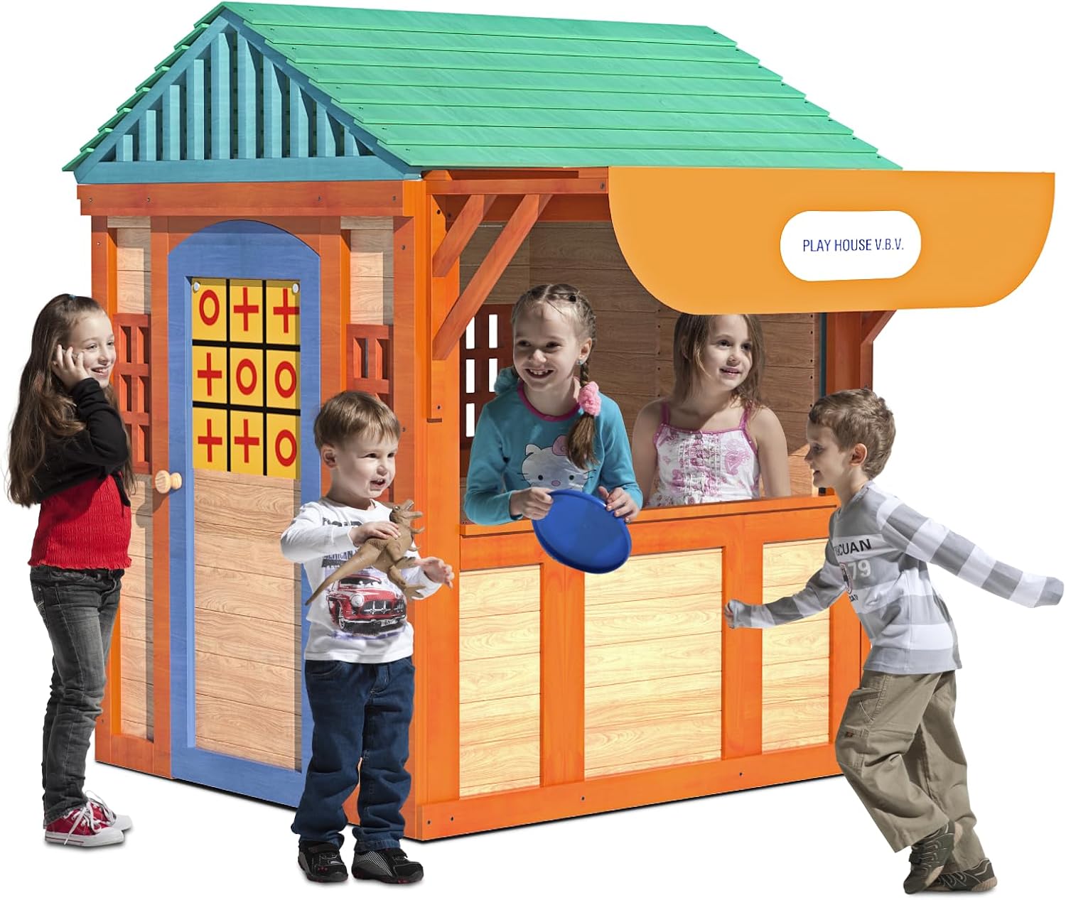 Wooden Cottage Kids Playhouse, Outdoor Playhouse for Age 3-8 Years Boy Girl with Awning Window, Ball Wall, Dart Throwing & Tetris, Playset for Outdoor Garden, Lawn, Backyard