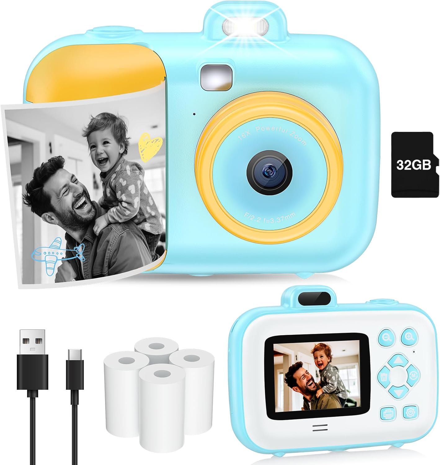 Kids Camera Instant Print, FHD 1080P Digital Camera with 32GB SD Card, Christmas Birthday Gifts for Kids Age 3-12, Instant Camera for Toddler, Portable Camera Toy for 5 6 7 8 9 Years Boys Girls Blue