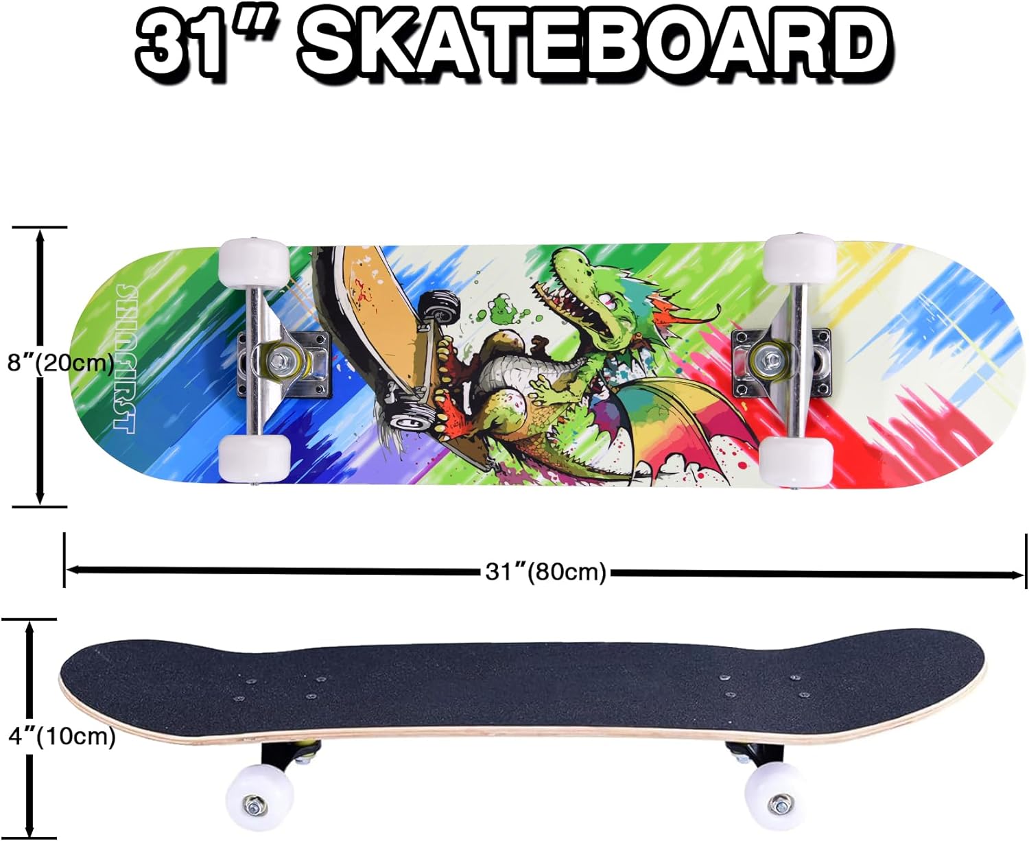 Skateboards for Beginners Kids Boys Girls Teens and Adults, 31 Inch Complete Standard Skateboards with 7-Layer Maple Double Kick Deck Unicorn and Skull Design