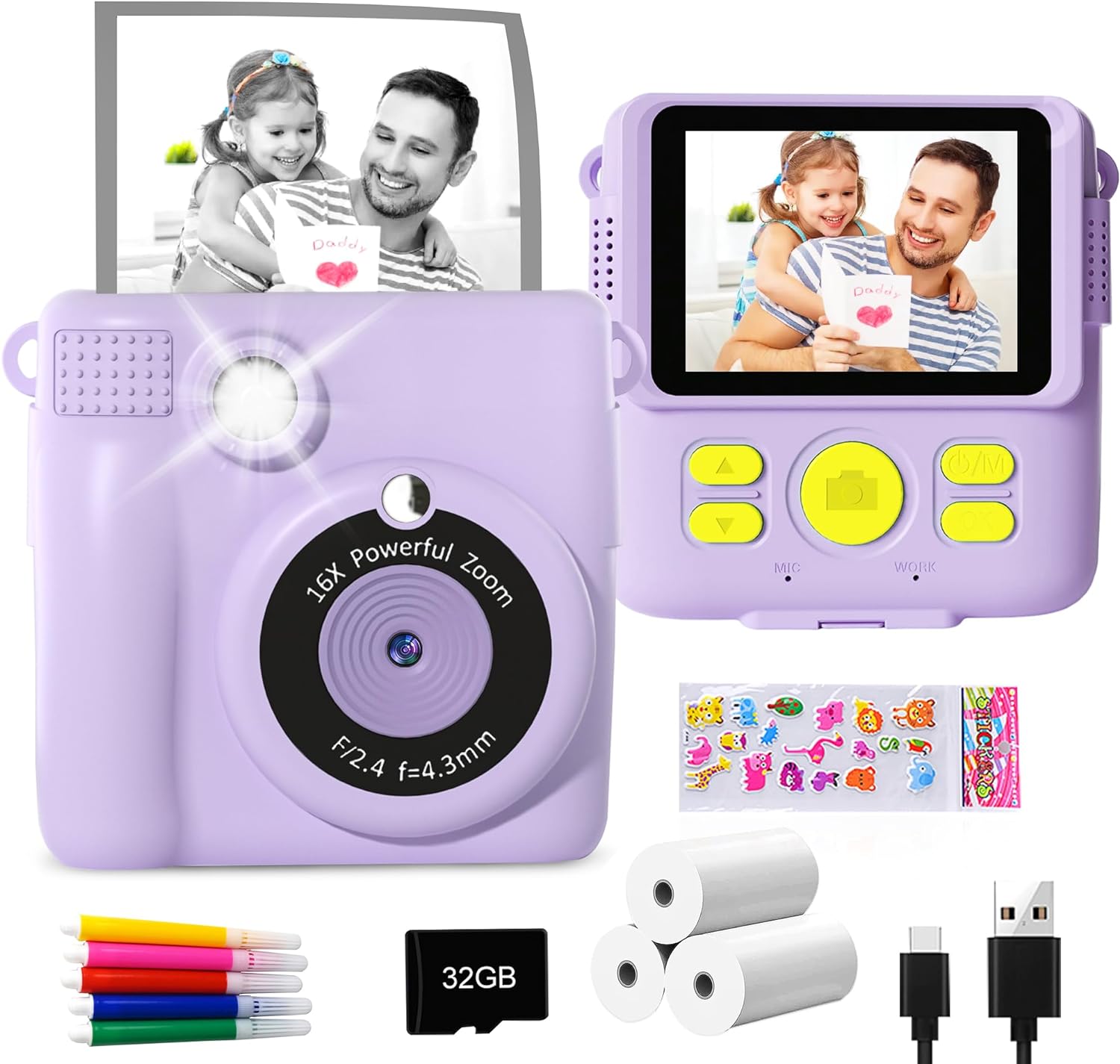 GKTZ Instant Print Camera for Kids - 1080P HD Instant Print Photo - Christmas Birthday Gifts for Age 4 5 6 7 8 9 10 Girls Boys - Portable Toy with 3 Rolls Photo Paper, 32GB Card, Color Pens - Purple