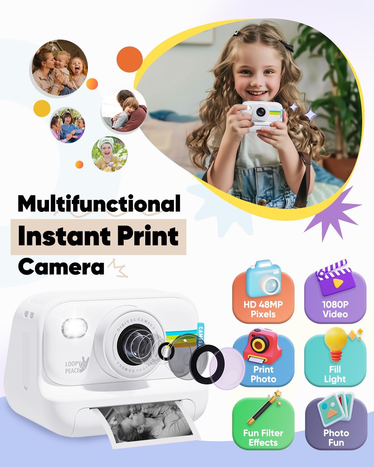 Kids Camera Instant Print, Christmas Birthday Gifts for Girls and Boys Age 3-12,1080P Kids Instant Cameras That Print Photos,Portable Toddler Toy for 3 4 5 6 7 8 9 10 11 Year Old Boys White