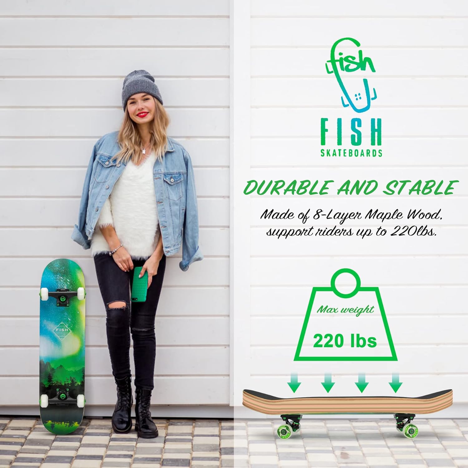 Skateboards for Teens Girls ，Skateboards for Adults 8 Layer 31 Inch Canadian Maple Double Kick Deck Concave Cruiser Trick Skate Board