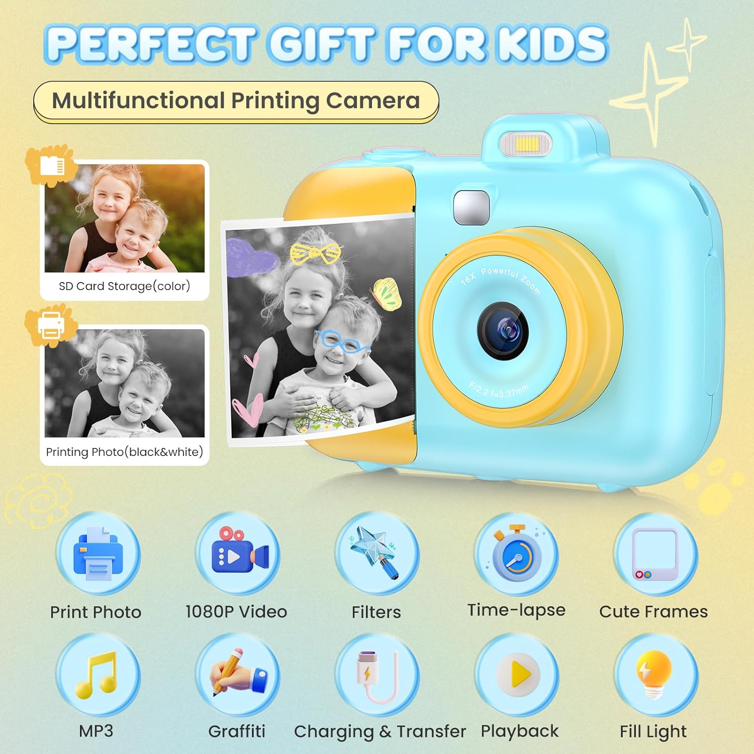 Kids Camera Instant Print, FHD 1080P Digital Camera with 32GB SD Card, Christmas Birthday Gifts for Kids Age 3-12, Instant Camera for Toddler, Portable Camera Toy for 5 6 7 8 9 Years Boys Girls Blue