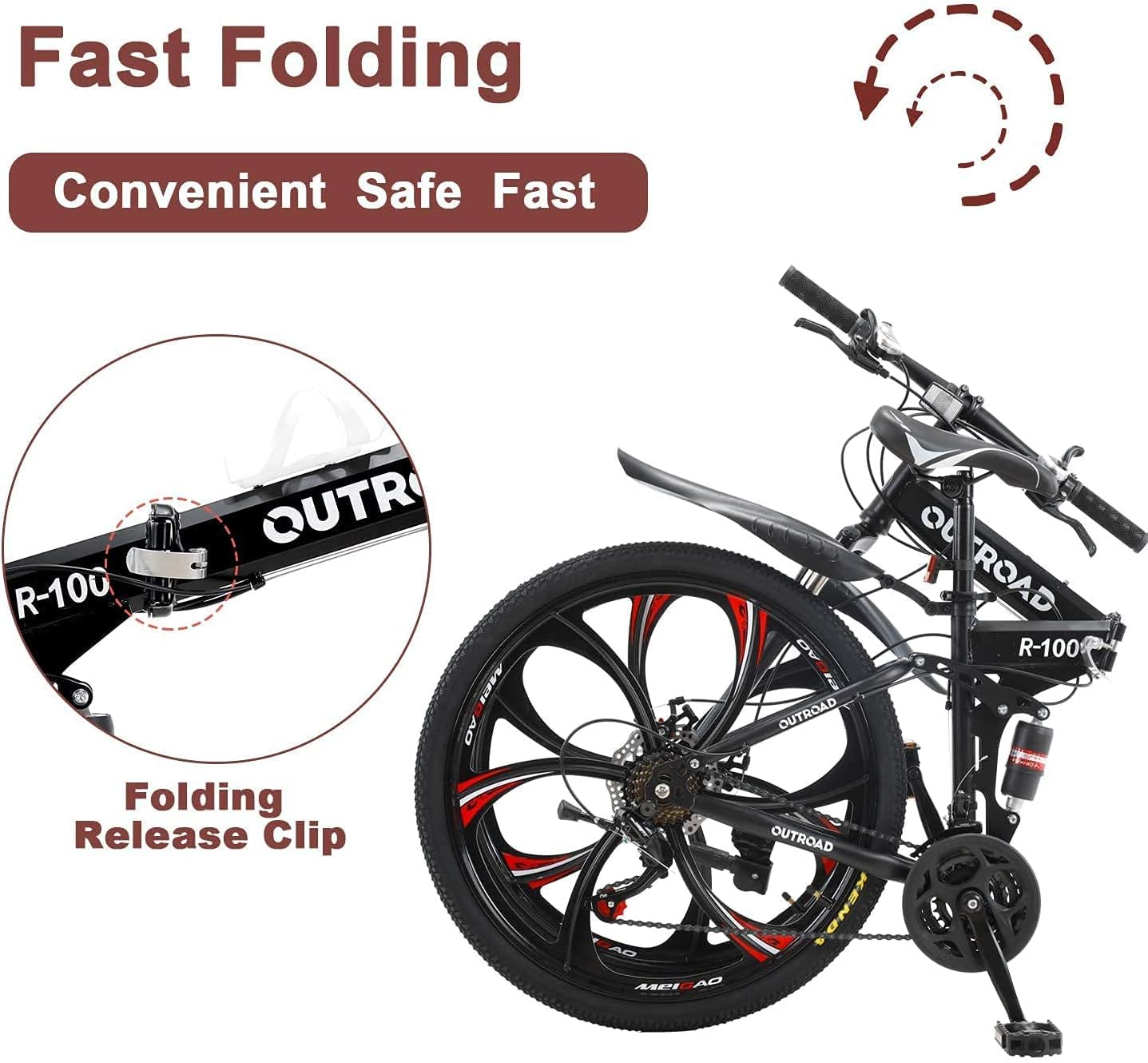 26 Inch Folding Mountain Bike, 21 Speed Full Suspension Bicycle with High-Carbon Steel, Dual Disc Brake Non-Slip Quick Release tire Folding Bicycle for Adults/Men/Women