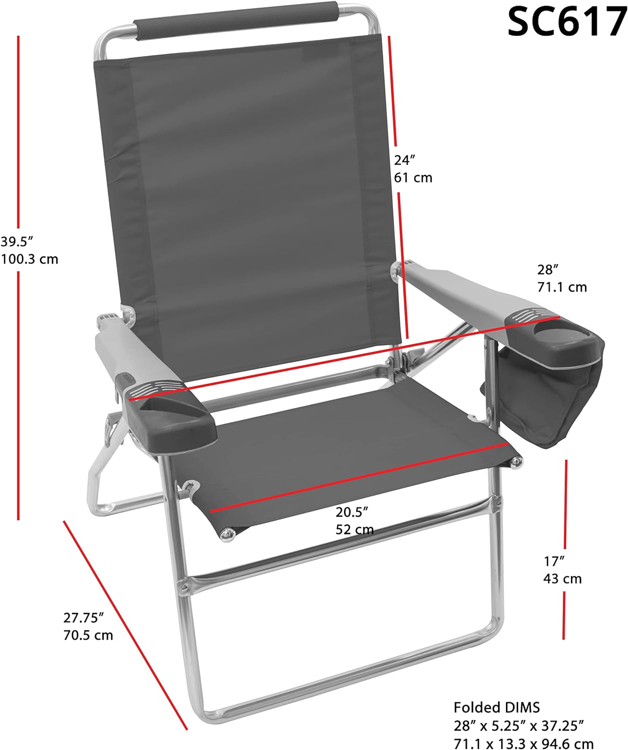 Rio Brands 17" Extended Height 4-Position Folding Beach, Camping, Lawn Chair