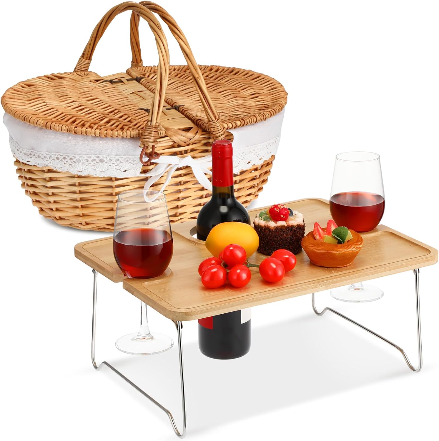 Picnic Basket with Foldable Wine Table Kit, Handmade Wicker Basket with Lid Handle Portable Bamboo Tray Table for 2 Outdoor Camping Picnic Wine Set Gift for Couples