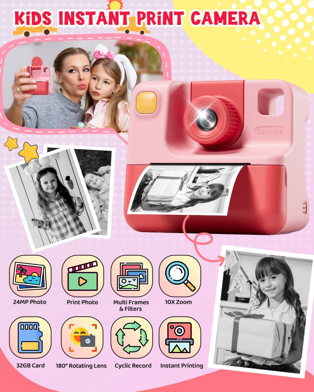 Kids Camera Instant Print, Christmas Birthday Gifts for Toddle Girls Boys Age 3-12, 20MP & 1080P Selfie Digital Camera with 3 Roll No-Ink Print Paper 32G SD Card - Pink