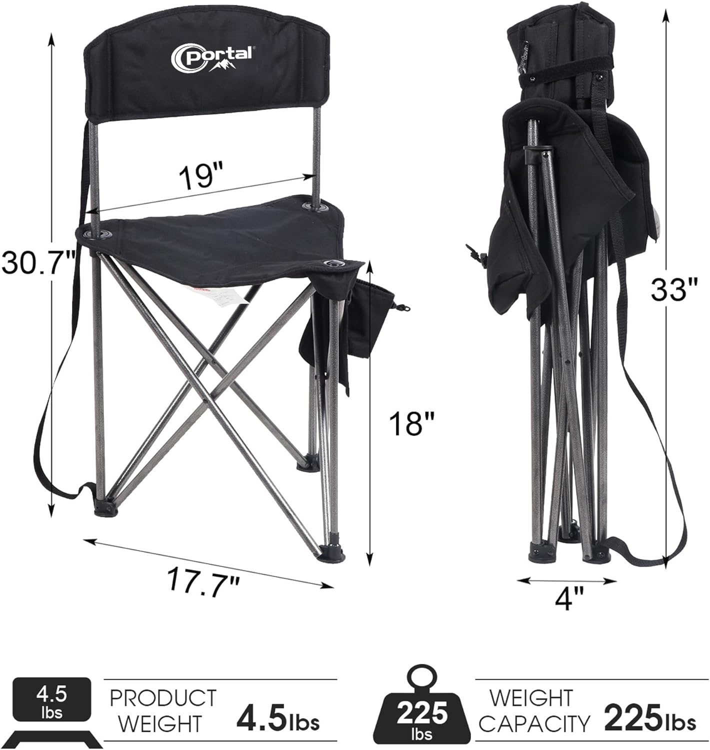 PORTAL Extra Large Quick Folding Tripod Stool with Backrest Fishing Camping Chair with Carry Strap