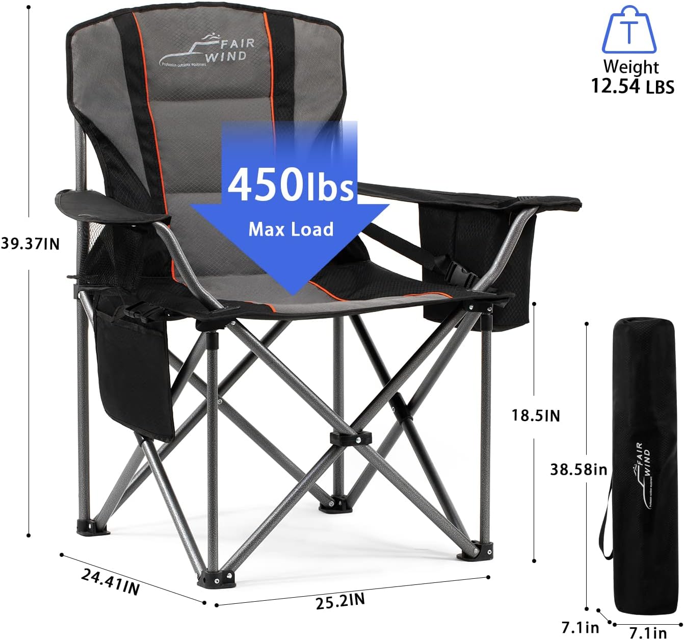 Oversized Fully Padded Camping Chair with Lumbar Support, Heavy Duty Quad Fold Chair with Cooler Bag, Support 450 LBS, Black