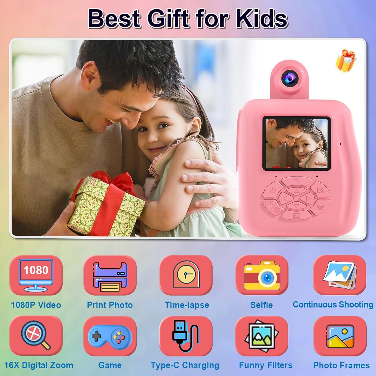 GKTZ Kids Camera Instant Print - 1080P HD Instant Print Photo - Christmas Birthday Gifts for Age 4 5 6 7 8 9 10 Girls Boys - Portable Toy with 32GB Card, 3 Rolls Photo Paper, 5 Color Pens - Pink