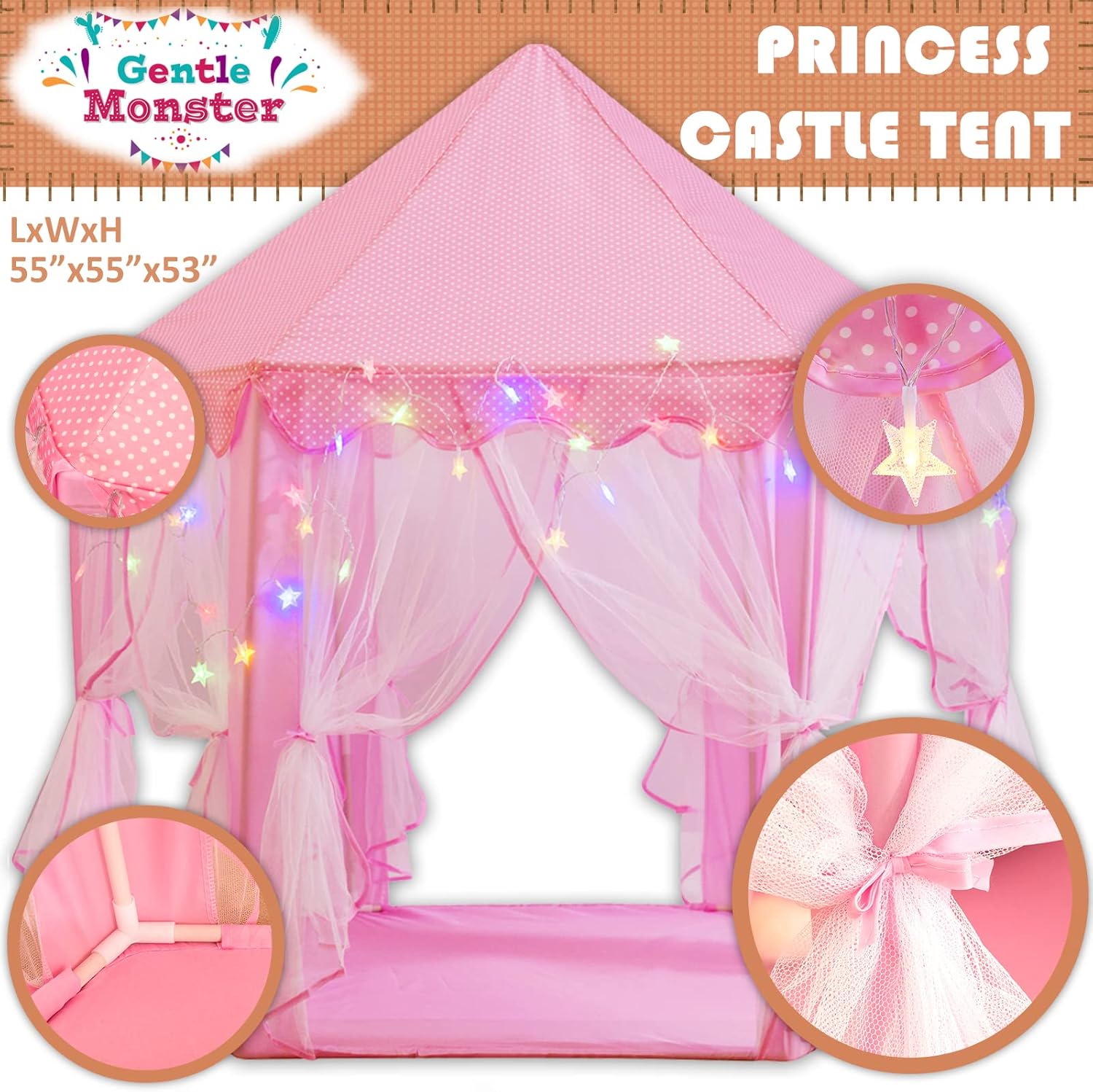 Princess Tent Girls Large Playhouse Kids Castle Play Tent with Star Lights, Bonus Princess Tiara and Wand Toy for Children Indoor & Outdoor Games, 55" x 53" Gifts Age 3+