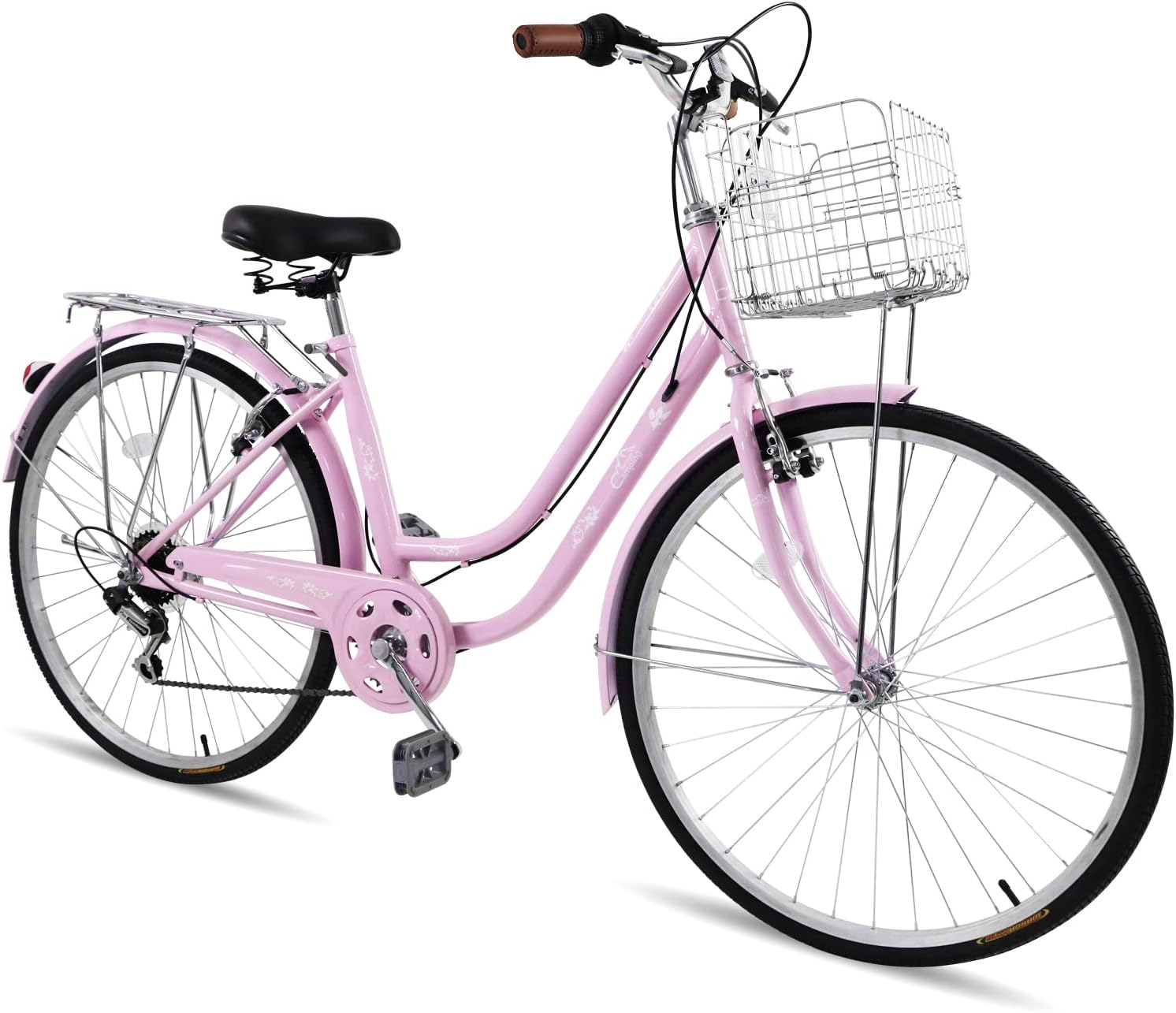 Ktaxon Women Bike Bicycles for Women, Beach Cruiser Bike with Premium Derailleur & Shift Lever, Adjustable Seat, High-Carbon Steel Frame and Excellent Welding Technology (Pink)