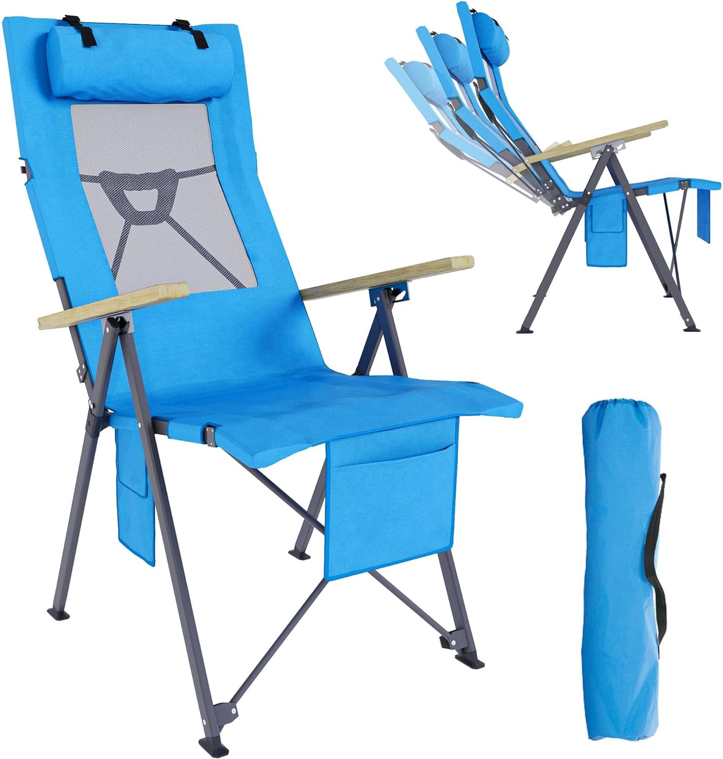 Folding Beach Chair with Hard Wood Armrest & Reclining High Back, Cup Holder, Carry Bag - Portable Foldable Camping Lawn Chair, Folding Outdoor Compact Beach Chair for Adults, Blue