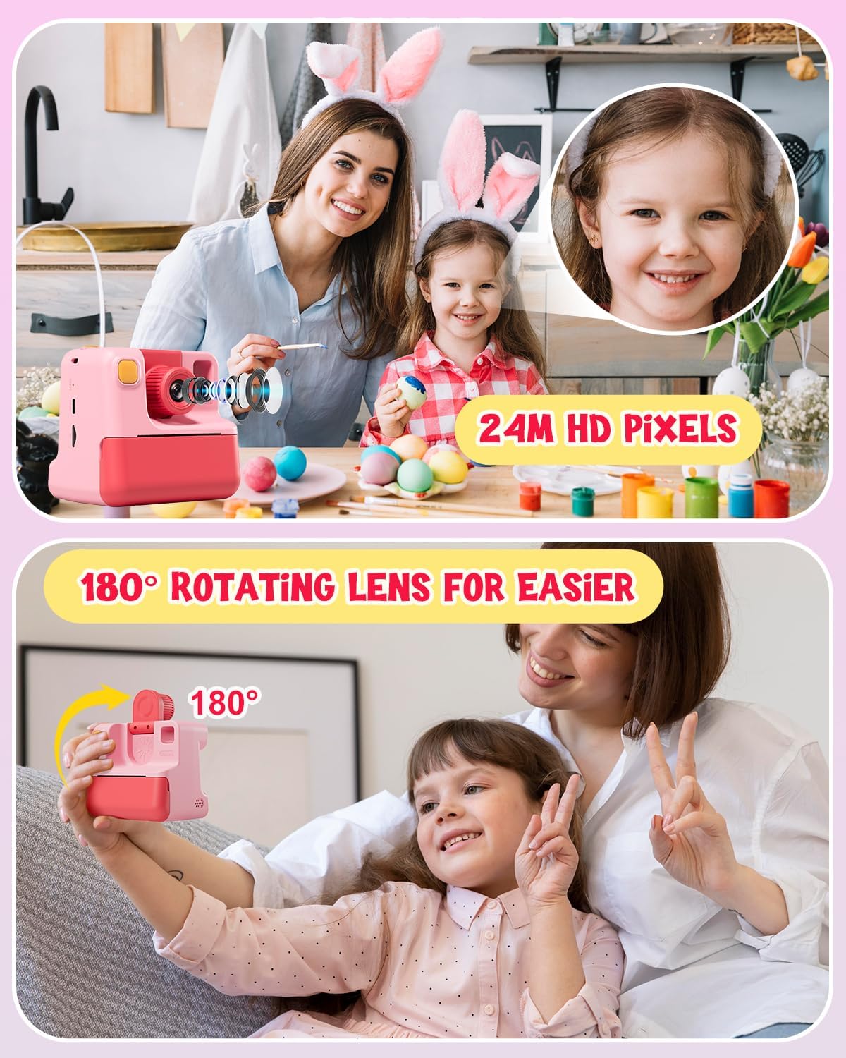 Kids Camera Instant Print, Christmas Birthday Gifts for Toddle Girls Boys Age 3-12, 20MP & 1080P Selfie Digital Camera with 3 Roll No-Ink Print Paper 32G SD Card - Pink