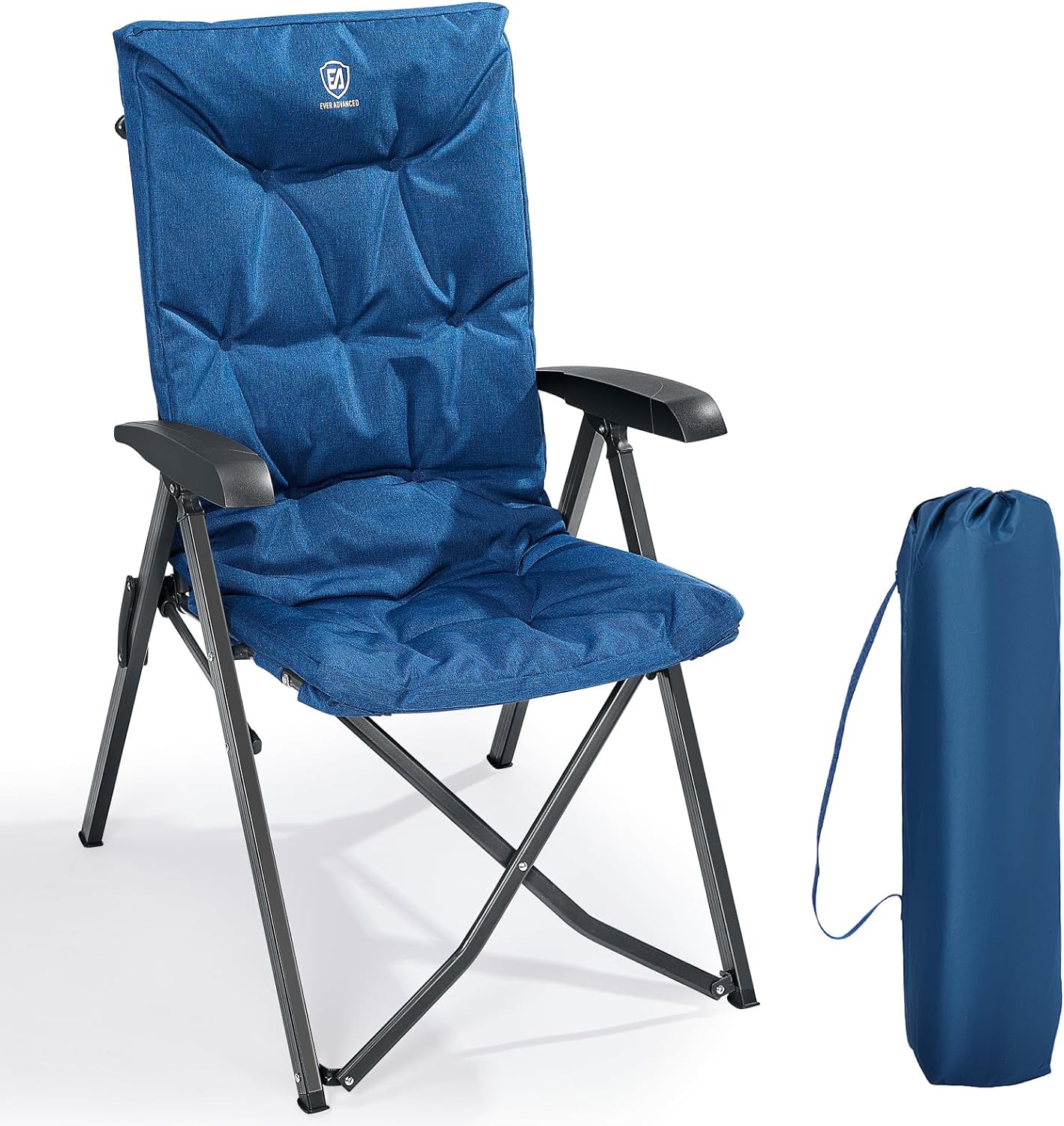 EVER ADVANCED Folding Padded Camping Chair 4 Positon Adjustable Recliner with High Back Support Portable for Adults, 300lbs Weight Capacity, Blue