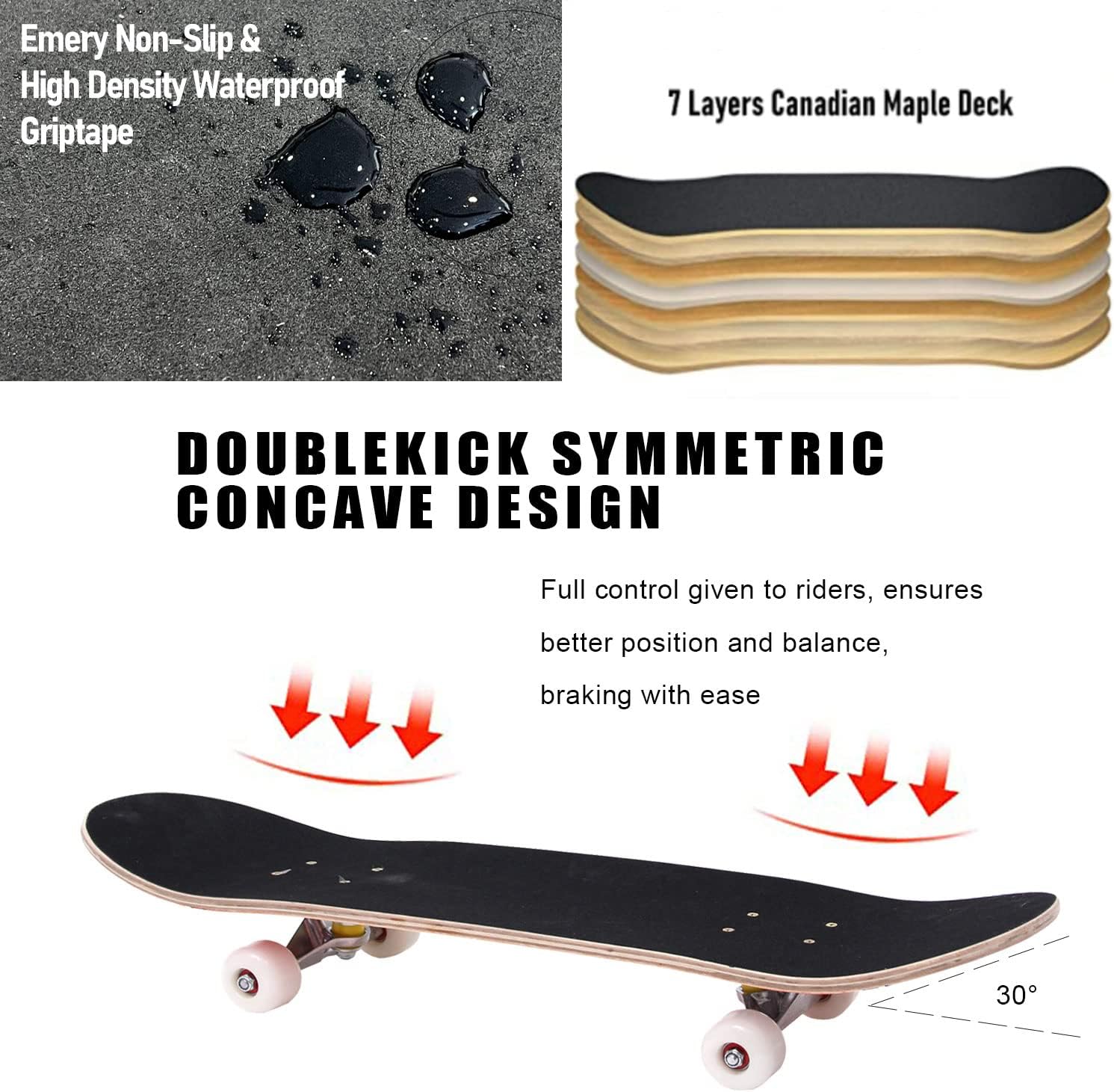 Skateboards for Beginners Adults Teens Youths Kids Boys Girls 31"x8" Standard Complete Skateboard 7 Layer Canadian Maple Double Kick Concave Skate Boards