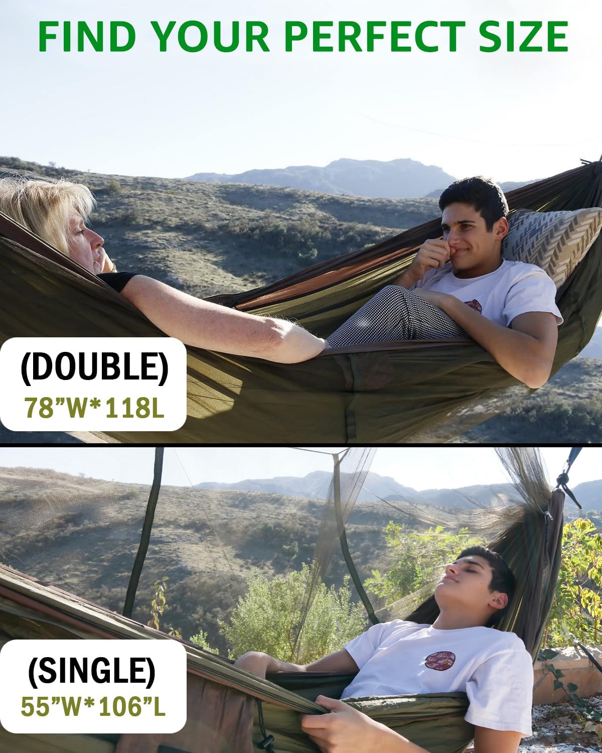 Camping Hammock, Portable Double Hammock with Net, 2 Person Hammock Tent with 2 * 10ft Straps, Best for Outdoor Hiking Survival Travel