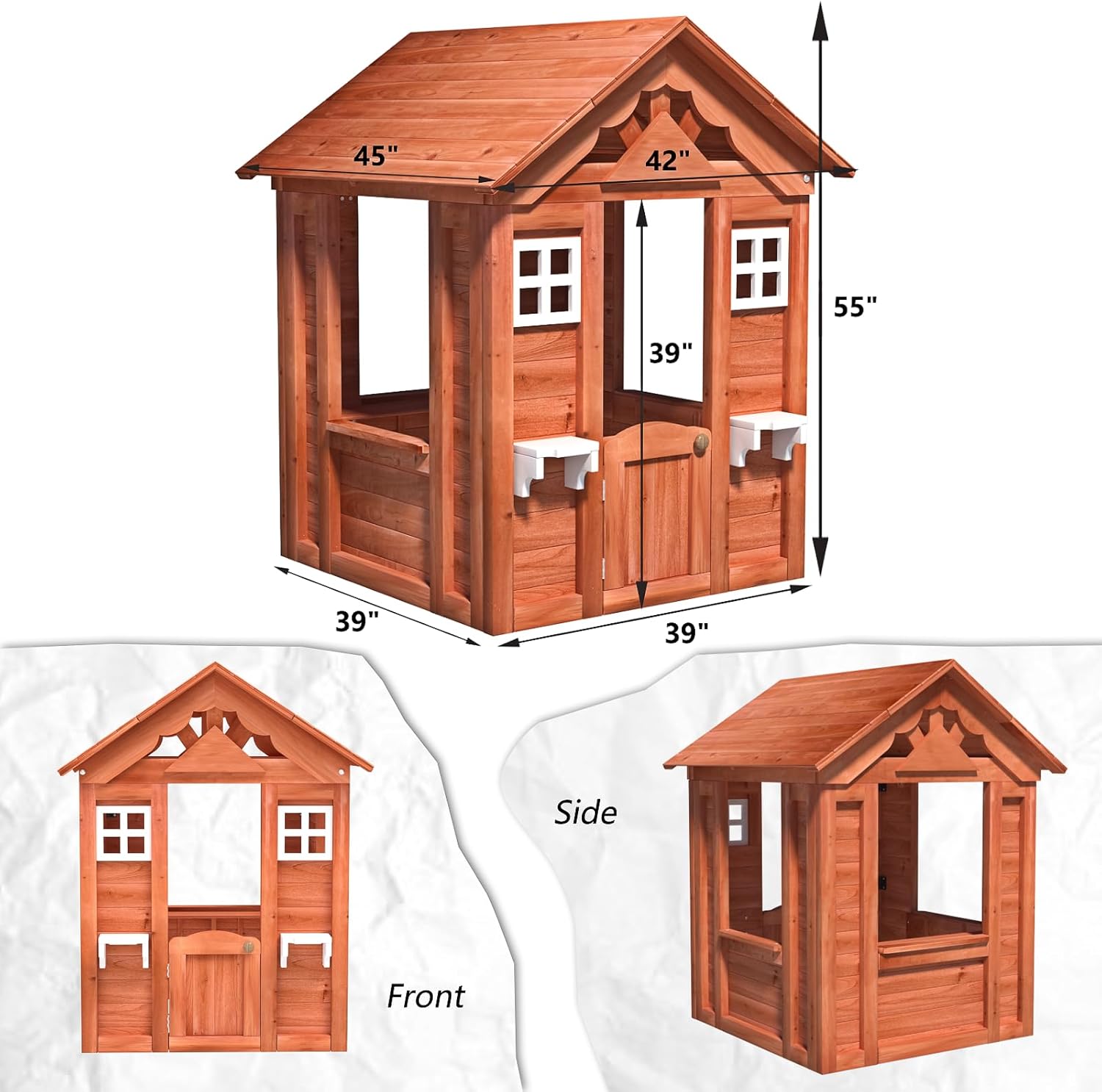 Outdoor Playhouse for Age 3-6 Years Boy Girl, All Wooden Kids Cottage Playhouse with Serving Station 2 Windows and Flowerpot Holder, Playset for Outdoor Garden, Lawn, Patio, Backyard