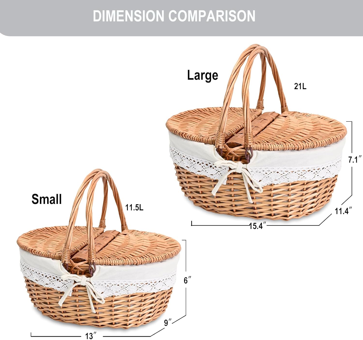 Cute 13" Wicker Picnic Basket with Removable Liner Empty Picnic Baskets with Lid, Picnic Hamper with Foldable Handles Picnic for 2, Natural Color,Small