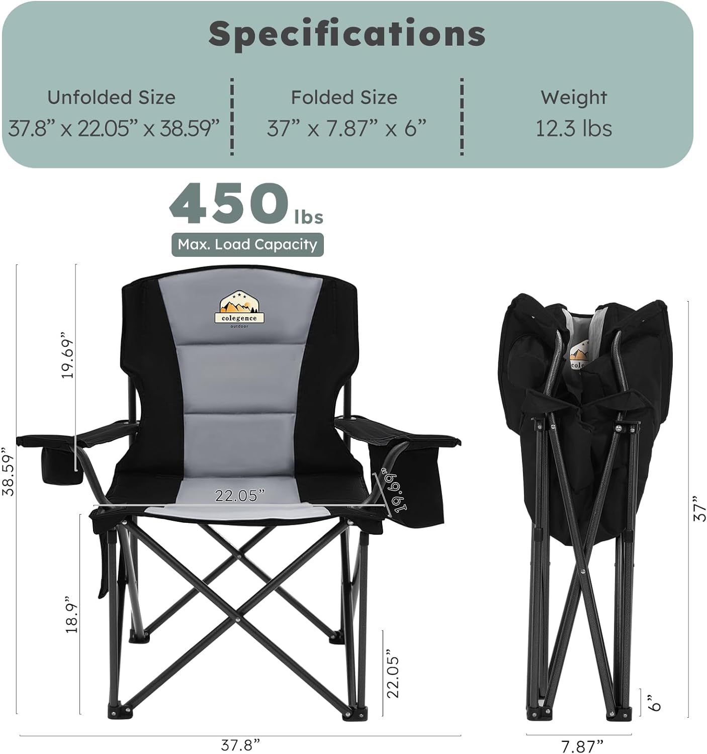 Oversized Camping Outdoor Heavy Duty Chair Support 450 LBS Carry Bag Included, Heavy People Padded Folding Camp Chairs with Lumbar Support, Cooler Bag, Mesh Cup Holder, Pocket for Lawn,Sport