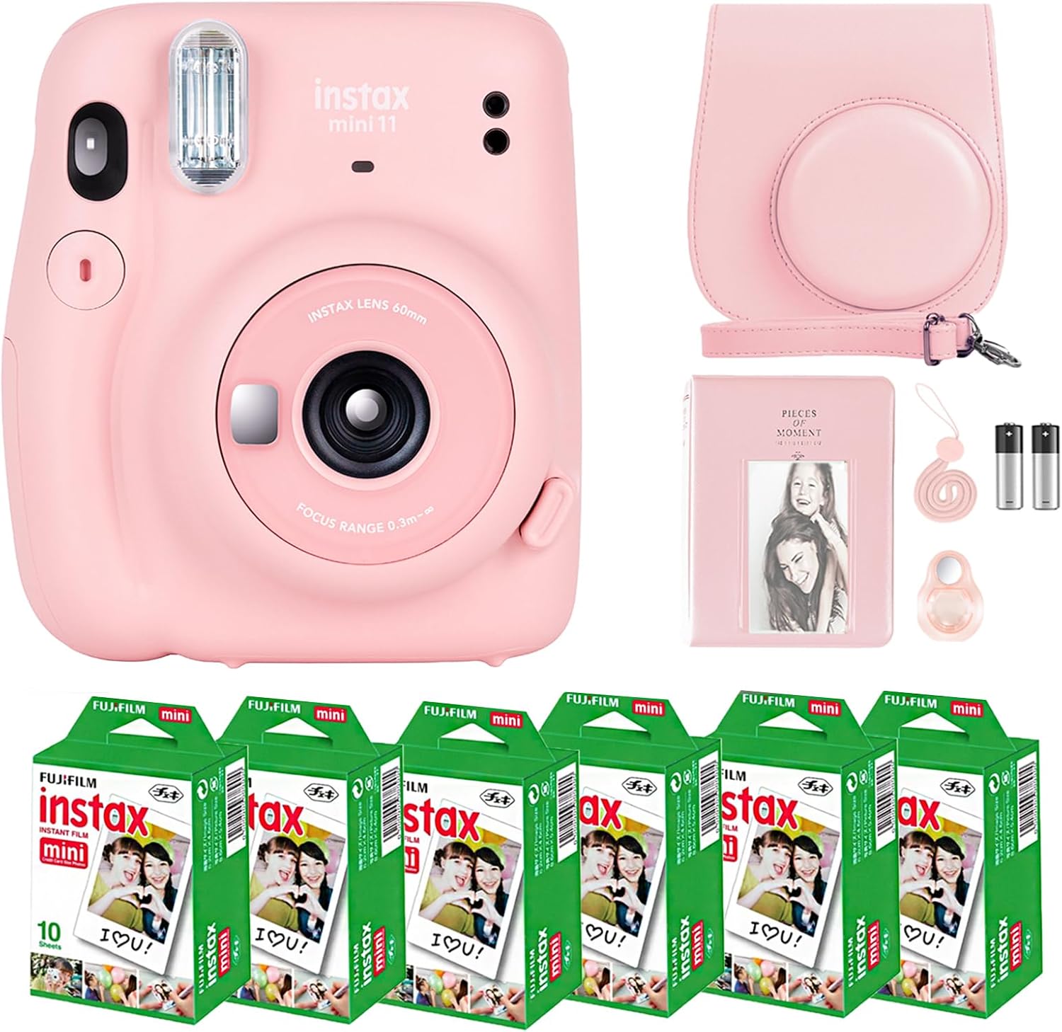 Fujifilm Instax Mini 11 Camera with Fujifilm Instant Mini Film (60 Sheets) Bundle with Deals Number One Accessories Including Carrying Case, Selfie Lens, Photo Album, Stickers (Blush Pink)