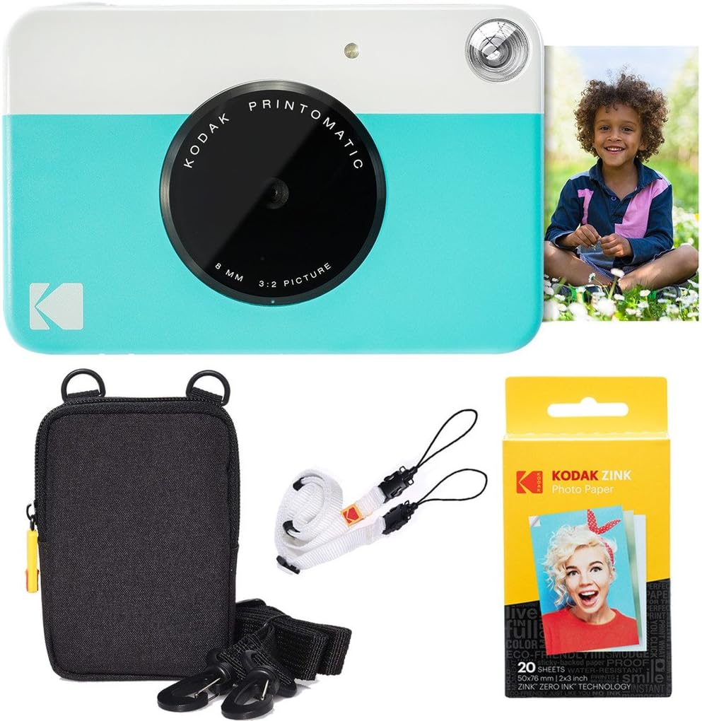 Kodak Printomatic Instant Camera (Blue) Basic Bundle + Zink Paper (20 Sheets) + Deluxe Case