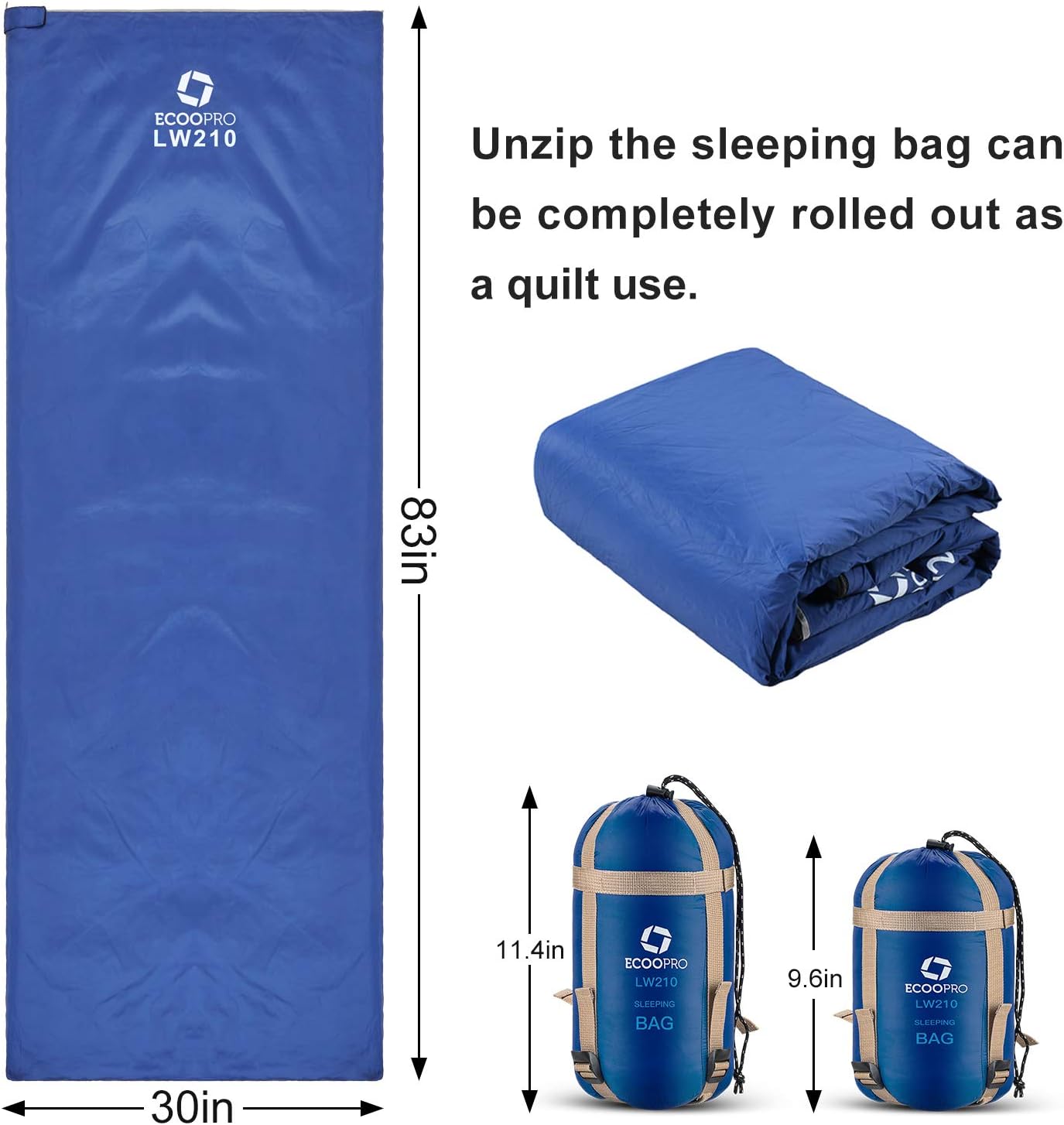 ECOOPRO Warm Weather Sleeping Bag - Portable, Waterproof, Compact Lightweight, Comfort with Compression Sack - Great for Outdoor Camping, Backpacking & Hiking-83 L x 30" W Fits Adults