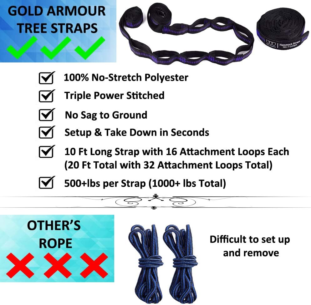 Gold Armour Camping Hammock - XL Double Hammock Portable Hammock Camping Accessories Gear for Outdoor Indoor with Tree Straps, USA Based Brand (Black and Purple)