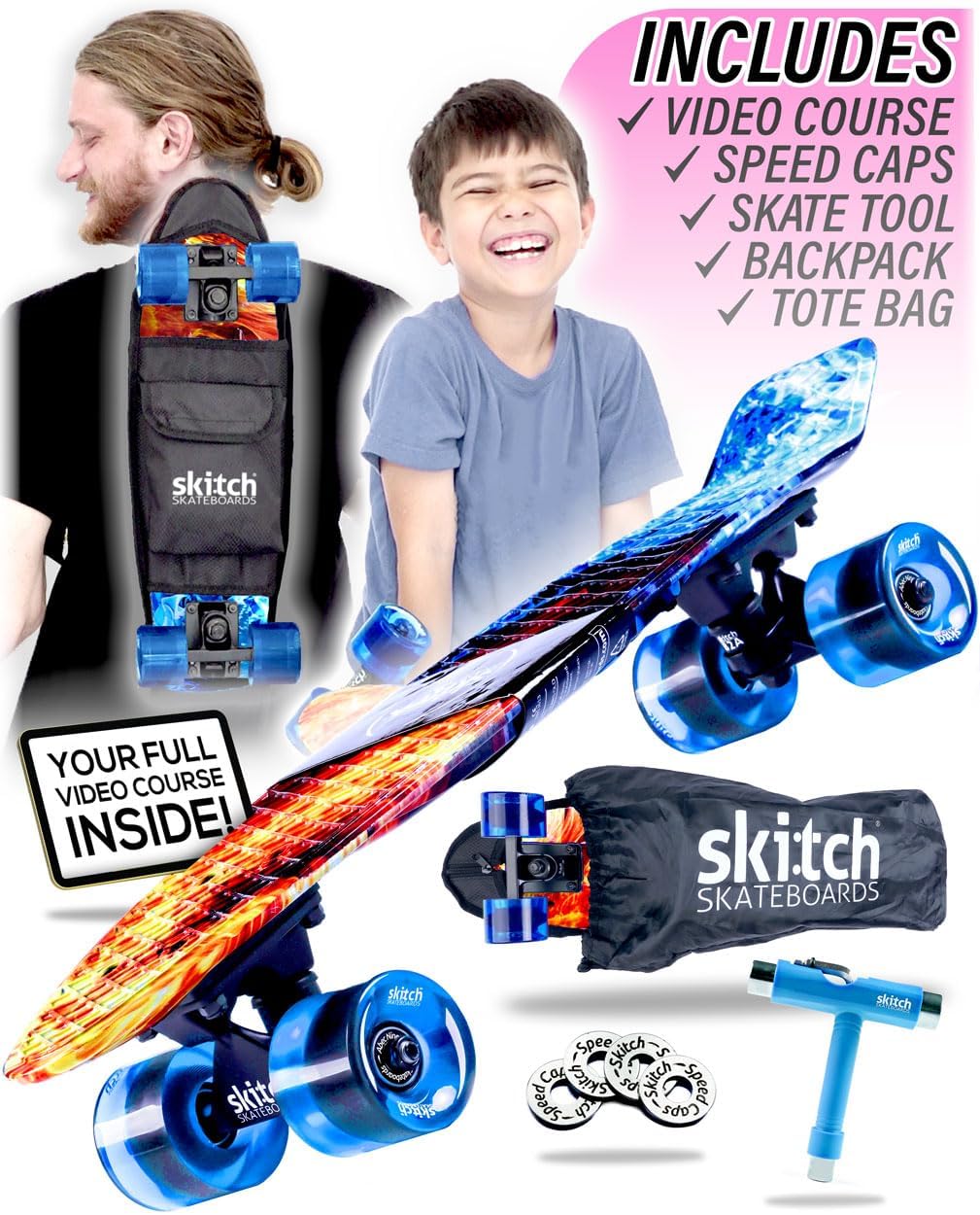 Skateboards for Kids, Teens and Adults | Premium Skateboard Gift Set for Beginners and Pros Complete with Mini Cruiser Board + Skateboard Backpack + Video Course + Speed Control + Skate Tool