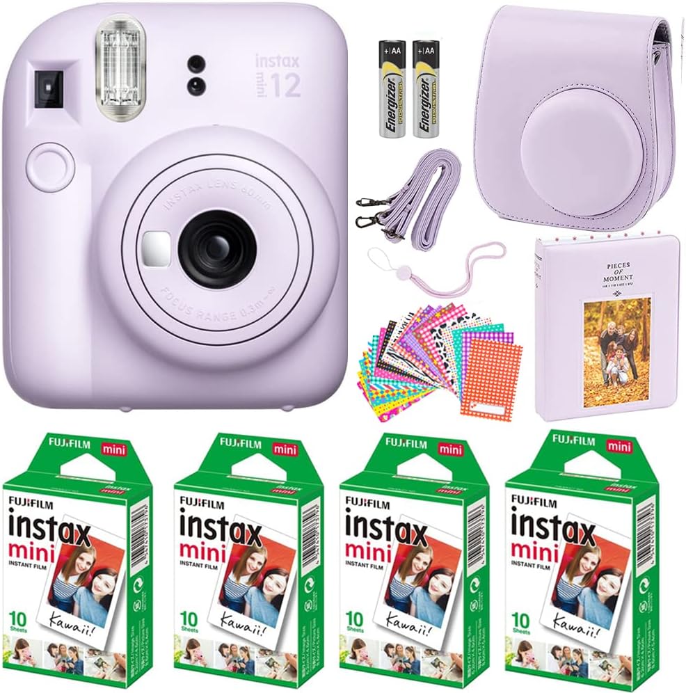 Fujifilm Instax Mini 12 Instant Camera Lilac Purple with Fujifilm Instant Mini Film (40 Sheets) with Accessories Including Carrying Case with Strap, Photo Album, Stickers (Lilac Purple)