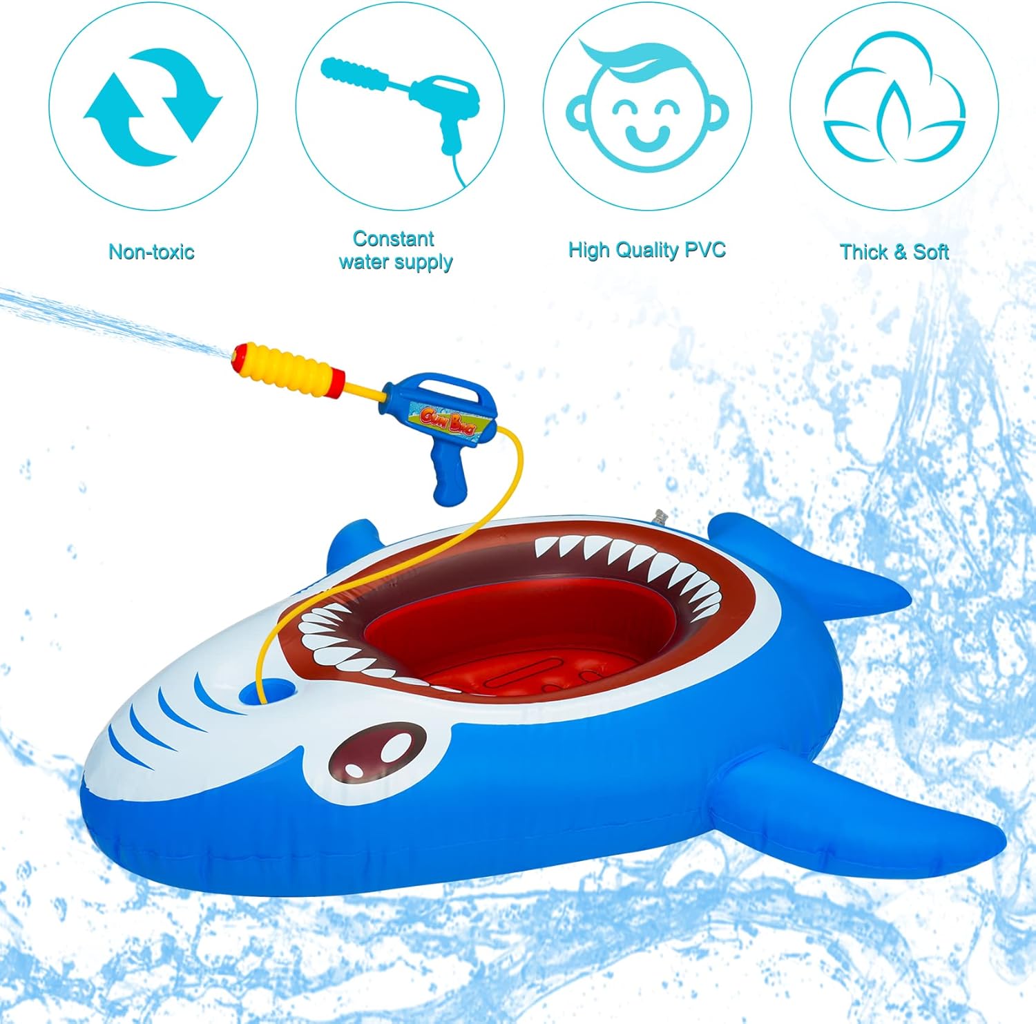 Inflatable Floating Pool Toys for Kids Pool Float Swimming Ring Beach Water Floats Shark Boat with Water Gun Inflated Ride on Float Summer Water Games Toy for Boys Girls