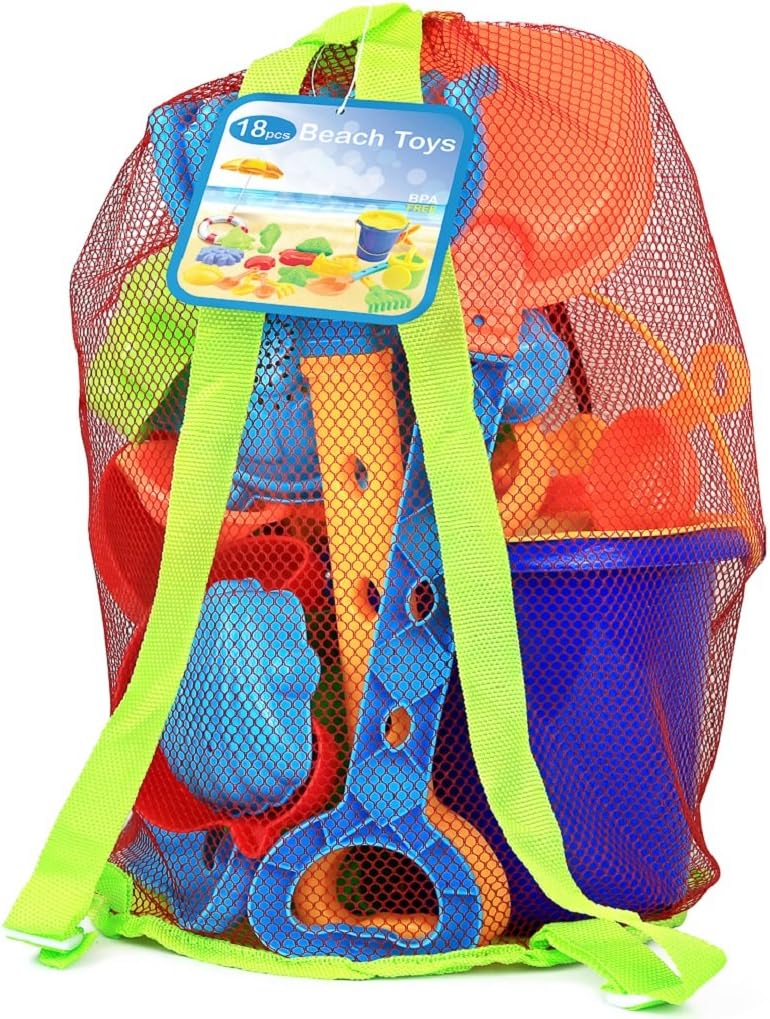 Click N' Play Beach Toys for Kids 3-10 - 18pc Sand Toys Including Sand Buckets for Kids with Sifter, Watering Can, Rake, 4 Hand Tools, 10 Sand Molds & Mesh Beach Toy Bag - Sandbox Toys for Toddlers