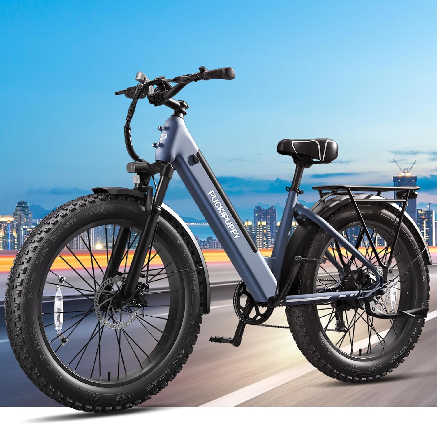 Electric Bike for Adults, 28MPH 40Miles PUCKIPUPPY Ebike 750W with 15AH Removable Battery, Front and Rear Lamps, Shock Absorption, All Terrain 26”Fat Tires for Dirt Mountain Snow and City Road,Samoyed