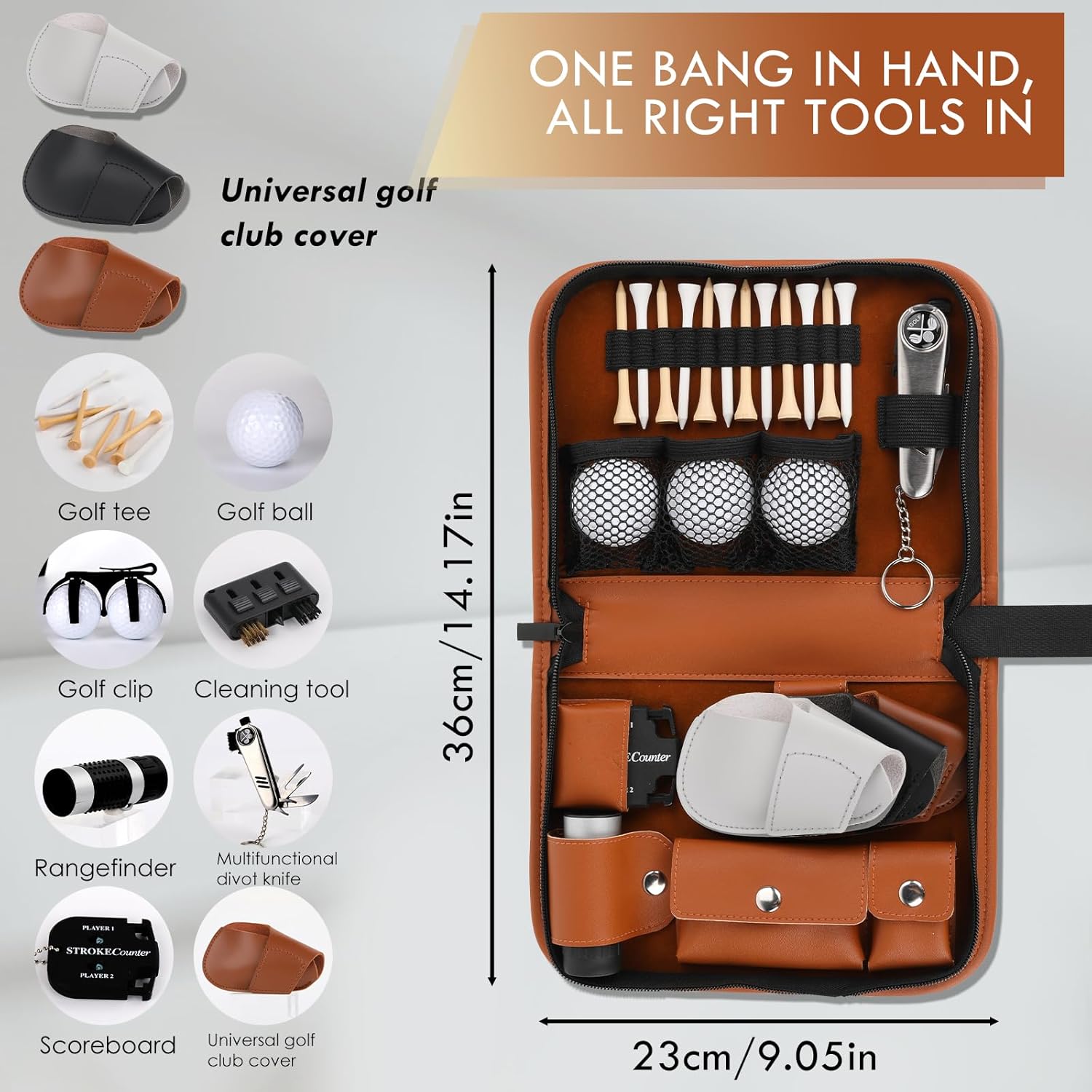 Golf Accessories Kit with High-Grade Handbag, Golf Balls, Rangefinder, Brush, Golf Tees, Multifunctional Divot Knife, Golf Ball Clamp, Mini Scorer, Golf Club Cover, Unique Gift for Men and Women