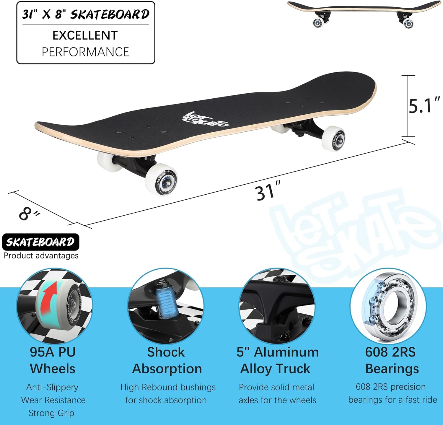 Skateboards for Beginners, 31"x8" Complete Skateboard for Kids Teens & Adults, 7 Layer Canadian Maple Wood Double Kick Deck Concave Standard and Tricks Skateboard with All-in-1 Skate Tool