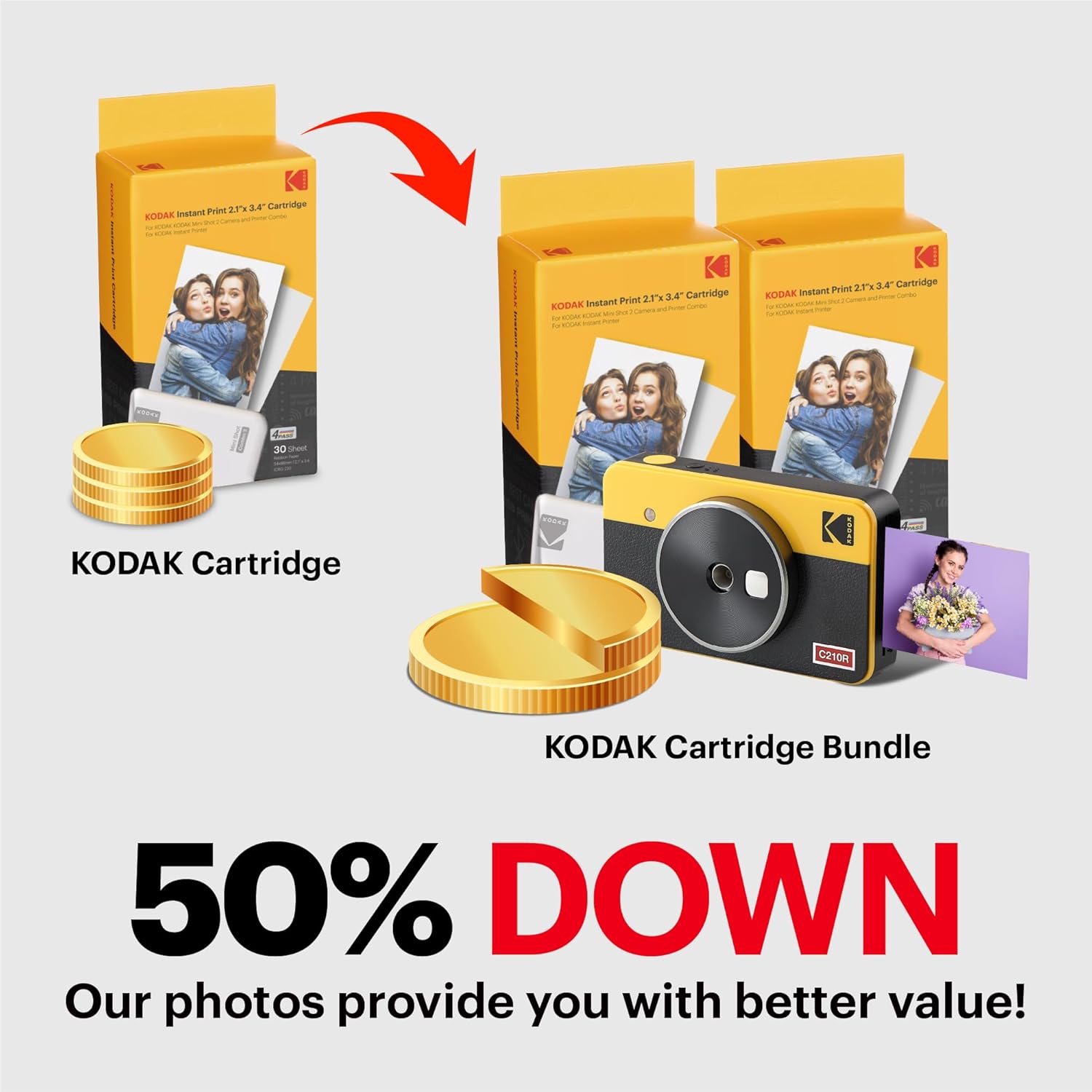 KODAK Mini Shot 2 Retro 4PASS 2-in-1 Instant Digital Camera and Photo Printer (2.1x3.4 inches) + 8 Sheets, White