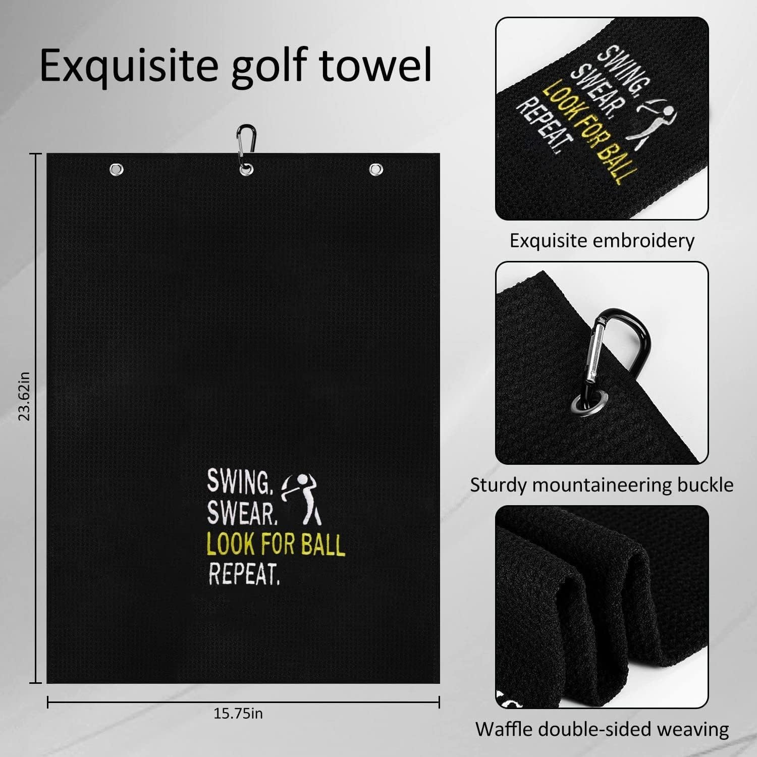 Funny Golf Towel, Swing Swear Look for Ball Repeat - Golf Gifts for Men, Golf Accessories for Men, Embroidered Golf Towels for Golf Bags with Clip, Black