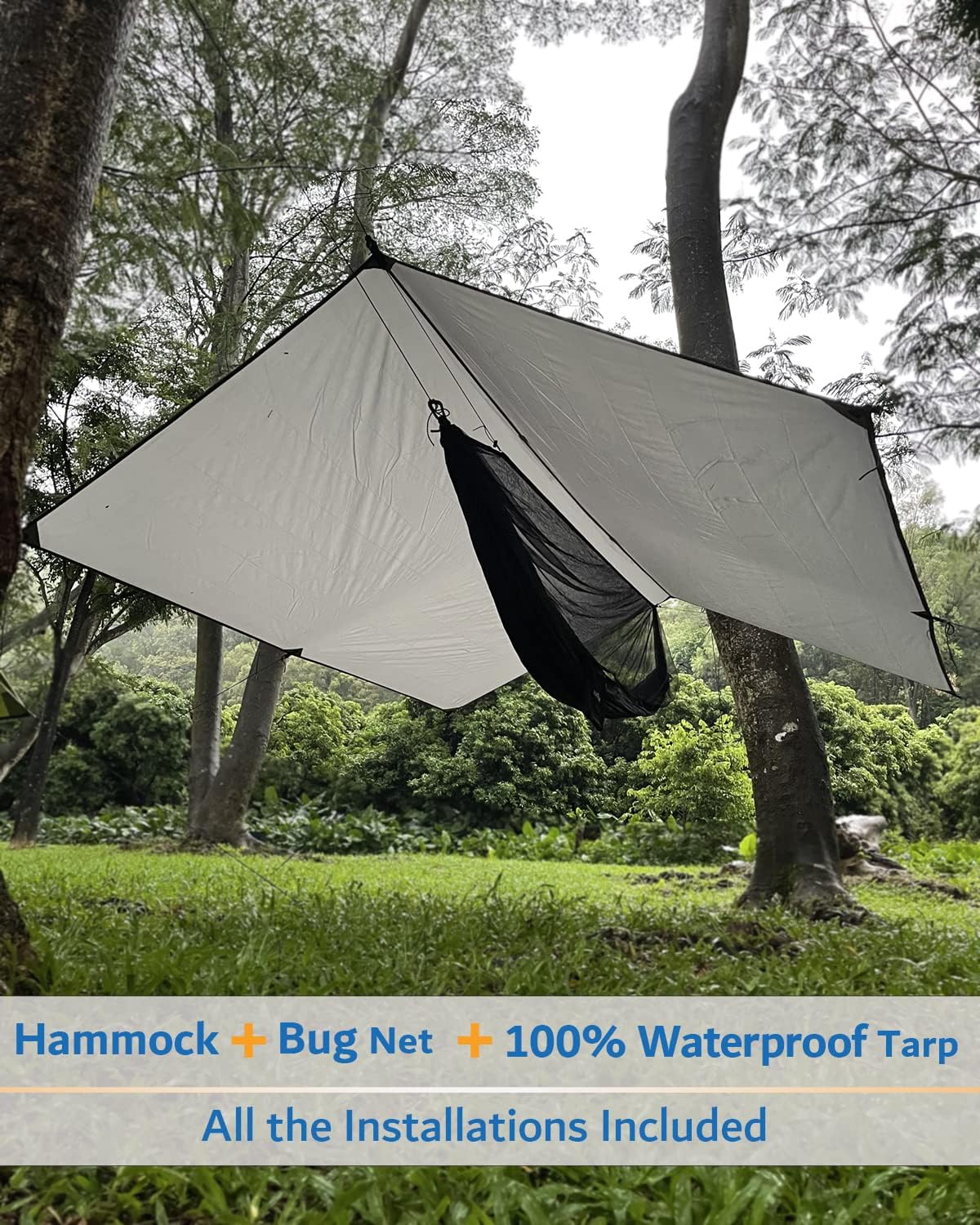 Hammock Camping with Rain Fly Tarp and Net, Portable Camping Hammock Double Tree Hammock Outdoor Indoor Backpacking Travel & Survival, 2 Tree Straps,100% Waterproof