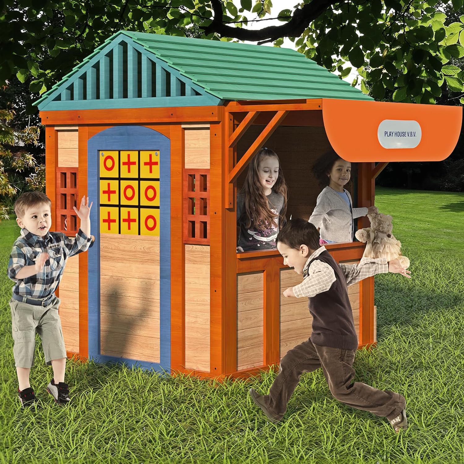 Wooden Cottage Kids Playhouse, Outdoor Playhouse for Age 3-8 Years Boy Girl with Awning Window, Ball Wall, Dart Throwing & Tetris, Playset for Outdoor Garden, Lawn, Backyard