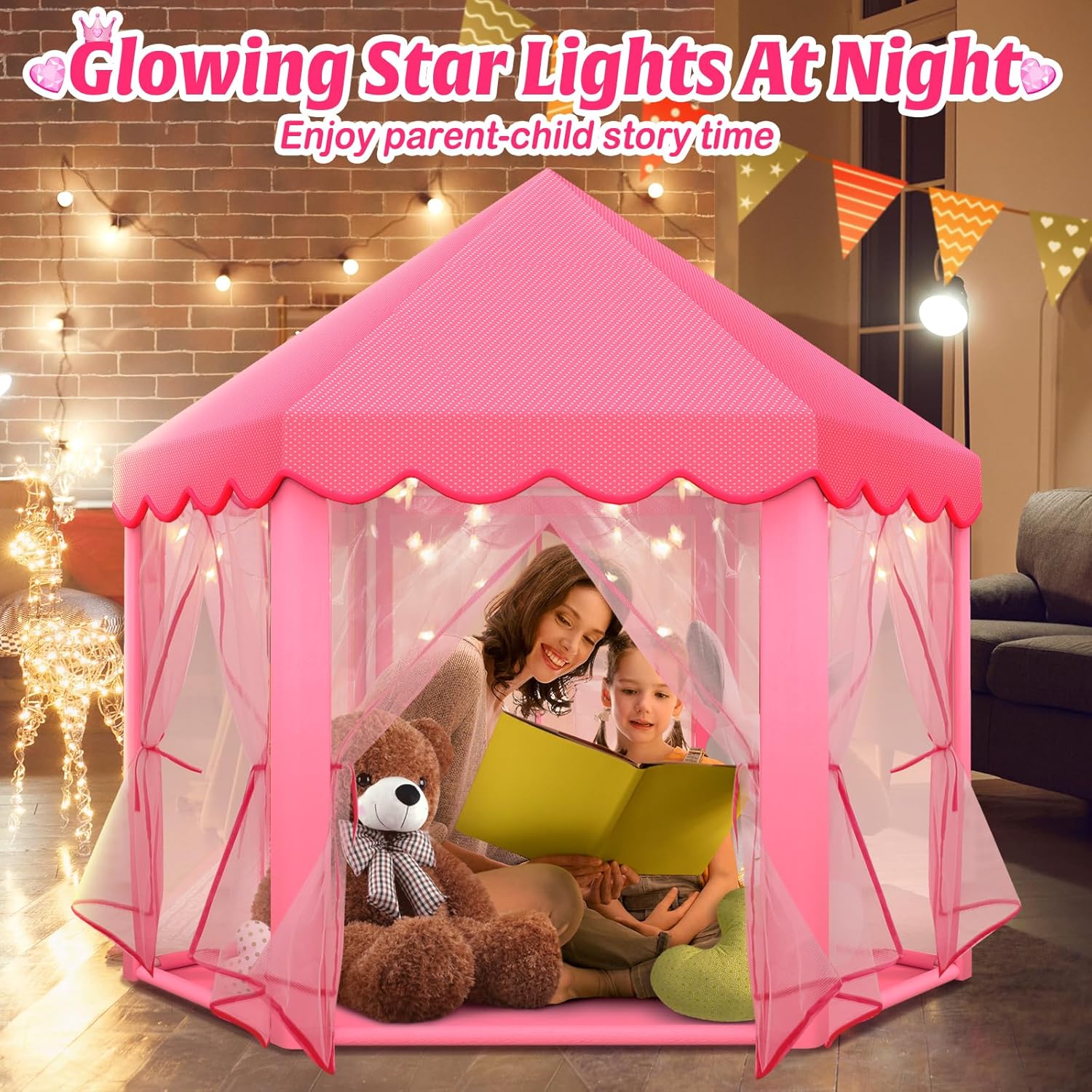 Princess Tent Girls Large Playhouse,Gift for 3 4 5 6 7 8+ Year Girl, Doll Dream House Castle Play Tent with Star Lights Toy for Kids Indoor and Outdoor Activity,Ideal Gift,57'' x 55'' (DxH)