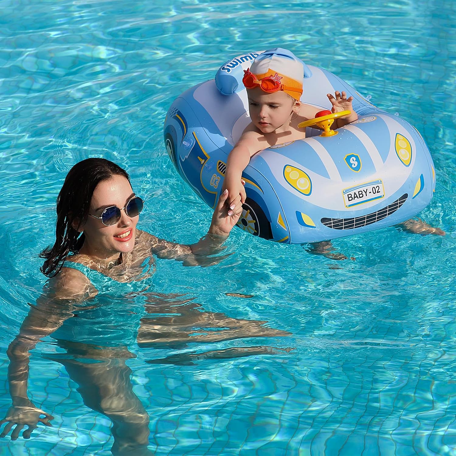 Swimbobo Toddler Pool Float Inflatable Car Baby Swim Float with Adjustable Sun Canopy and Safety Seat Pool Toys for Kids 3+ Years Old