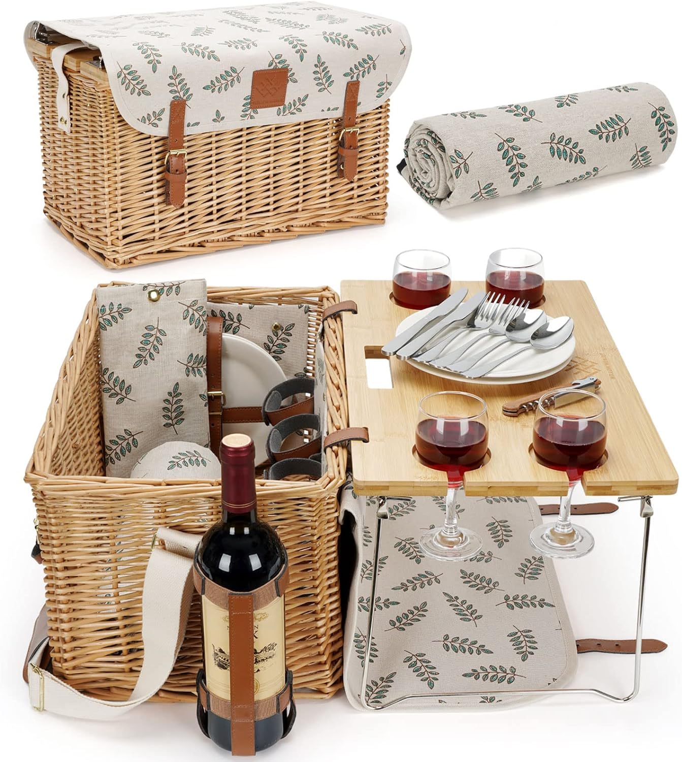 Picnic Basket with Table, Wine Picnic Basket Set 4, Wicker Picnic Basket for 4, Willow Hamper Service Gift Set with Blanket & Portable Wine Snack Table for Camping and Outdoor Party