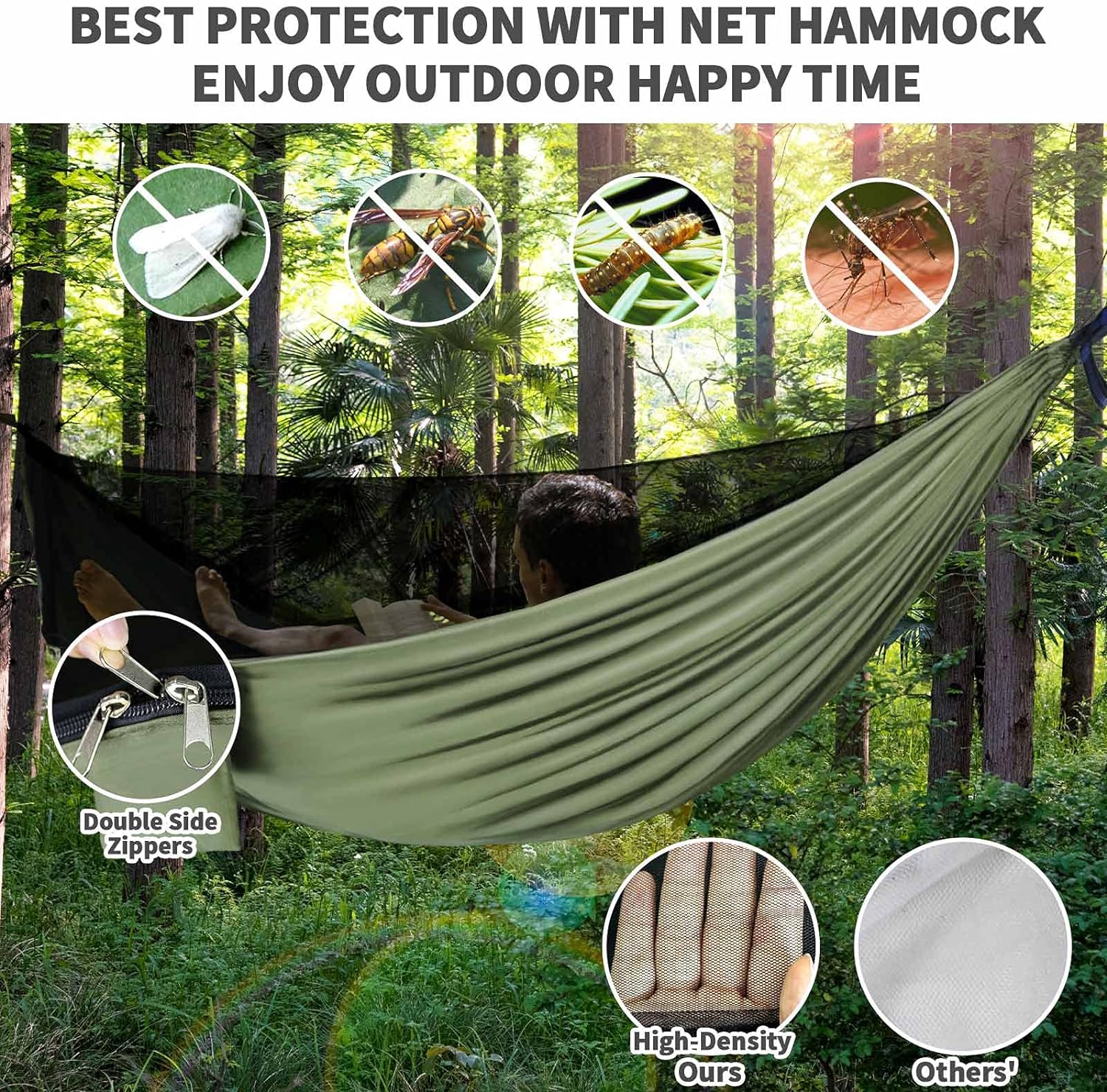 Camping Hammock - Hammocks with Mosquito Net Tent and Rain Fly Tarp, Portable Single & Double Nylon Parachute Hammock with Heavy Duty Tree Strap, Indoor Outdoor Backpacking Survival Travel